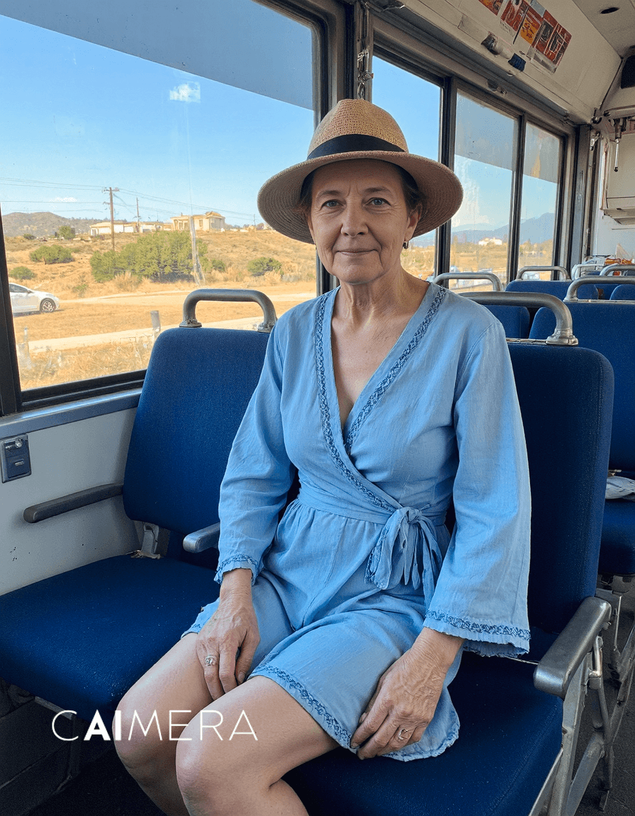Person in light blue wrap dress and straw hat sitting on a blue bus seat with scenic countryside views visible through windows