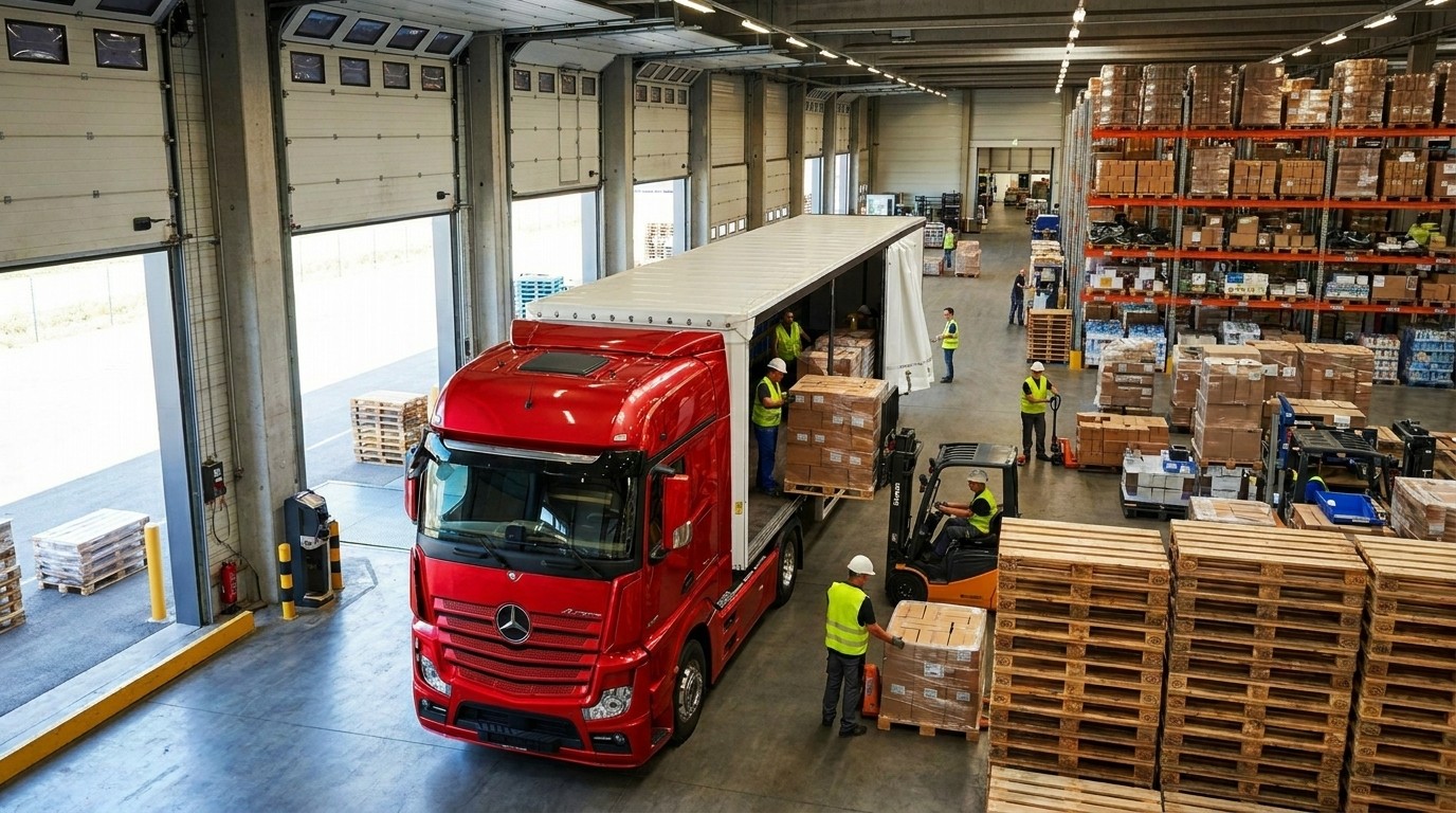 Workers loading packages to a transport truck
