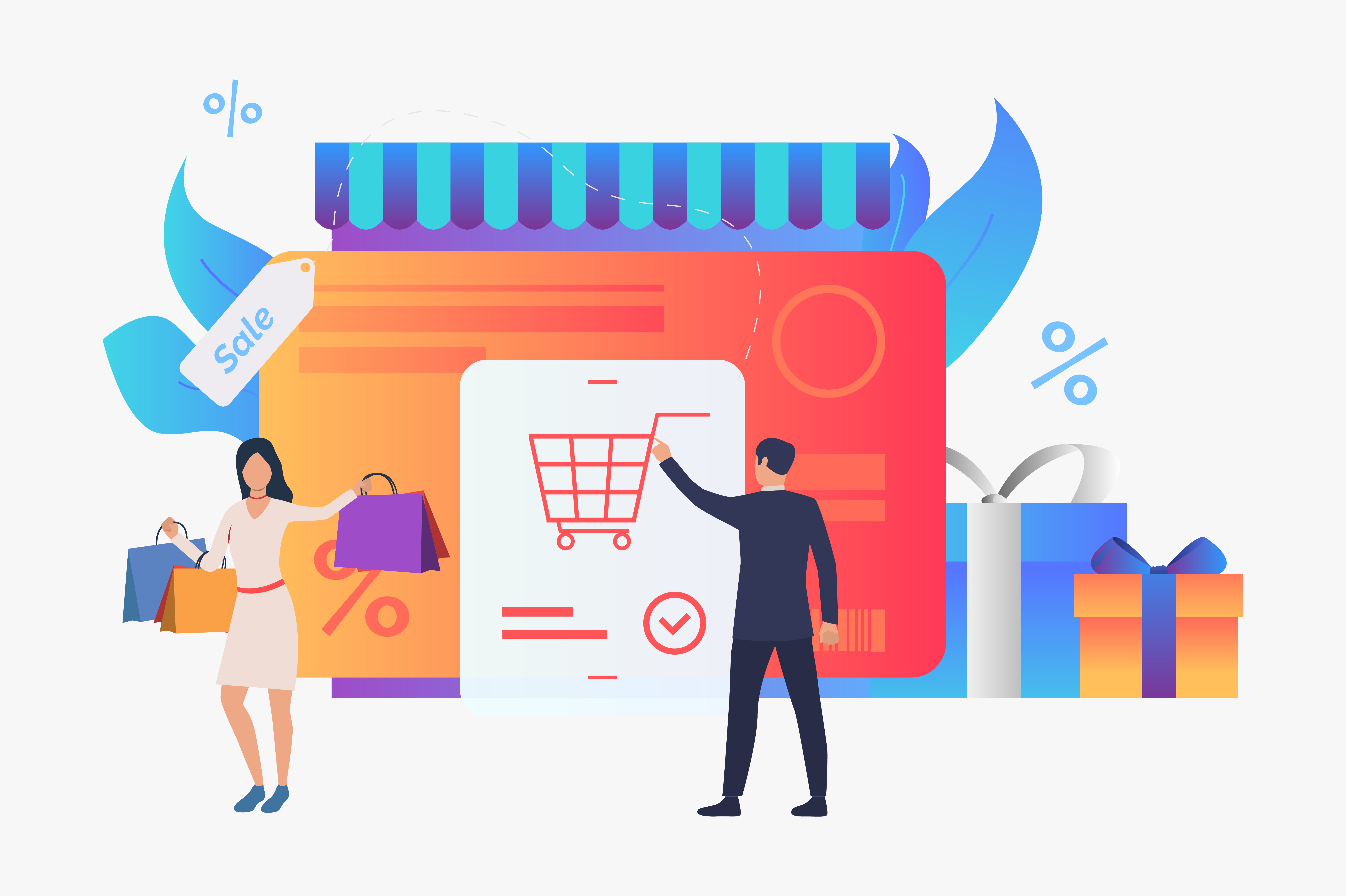 Flat illustration of two shoppers with bags and gifts around an e-commerce storefront with sale tags