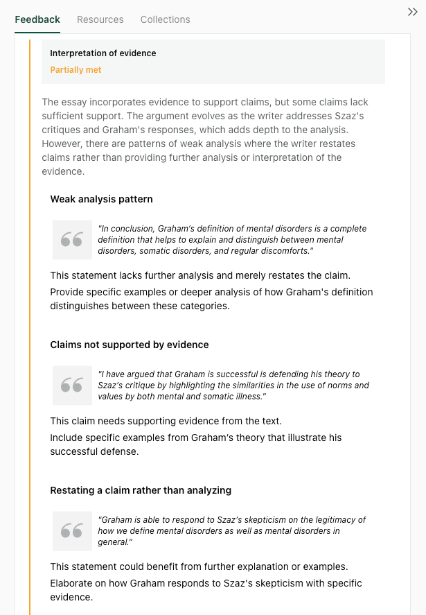 thesify evidence panel marking interpretation of evidence as partially met, with examples of weak analysis and unsupported claims in a philosophy essay on mental disorders.