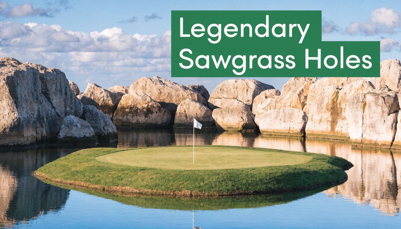 A scenic island green of the famous TPC Sawgrass golf course surrounded by rocks and water.