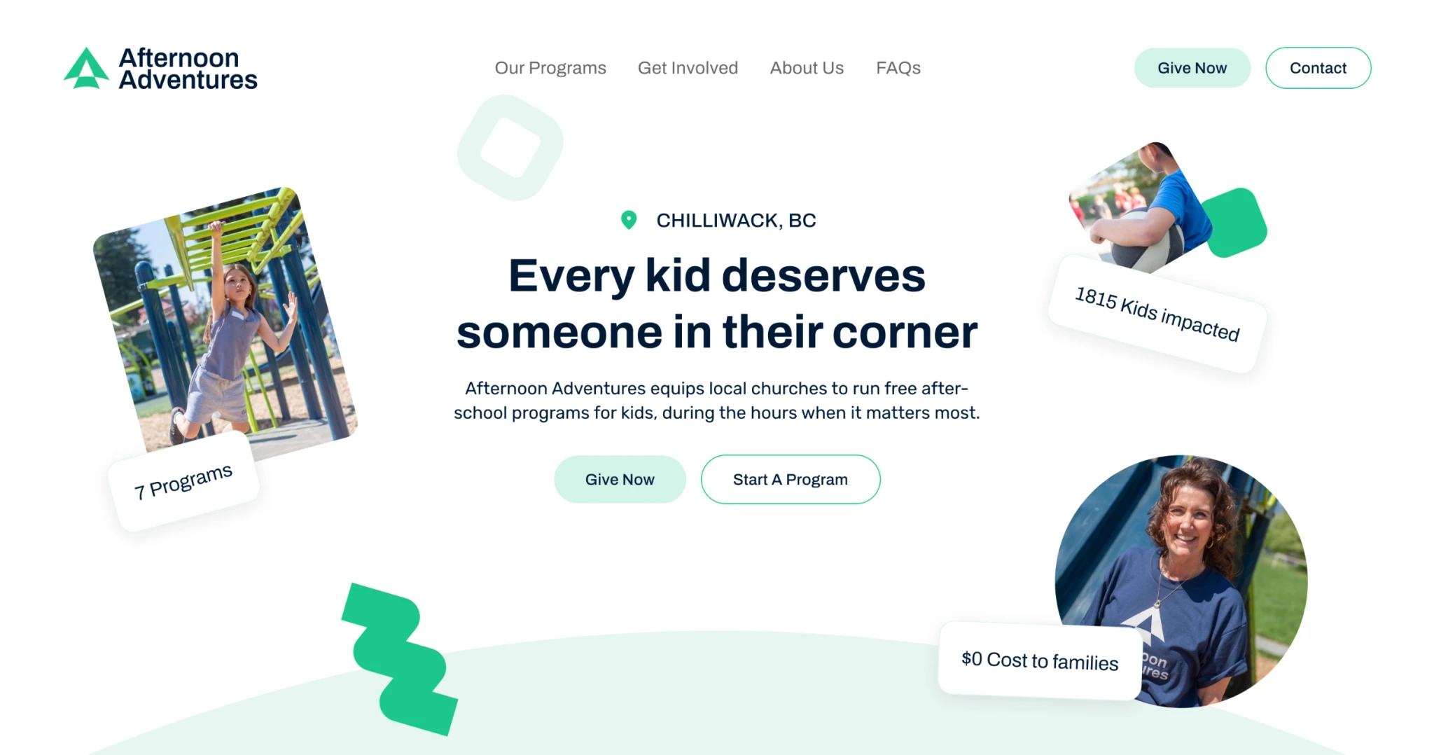 Afternoon Adventures website section highlighting every kid deserves someone their corner