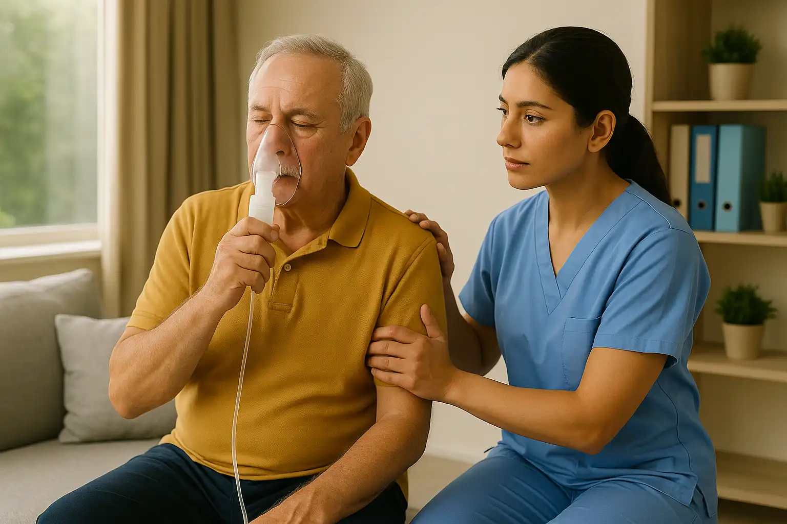 Healthcare professional assisting an elderly man using a nebulizer for COPD and cardiac rehabilitation breathing therapy.