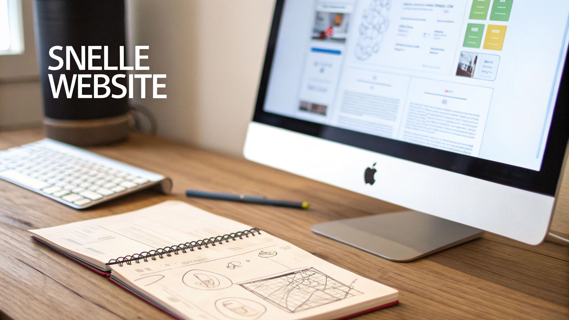 Een modern bureau met een iMac, toetsenbord, notitieboekje en pen, met de tekst 'SNELLE WEBSITE'.