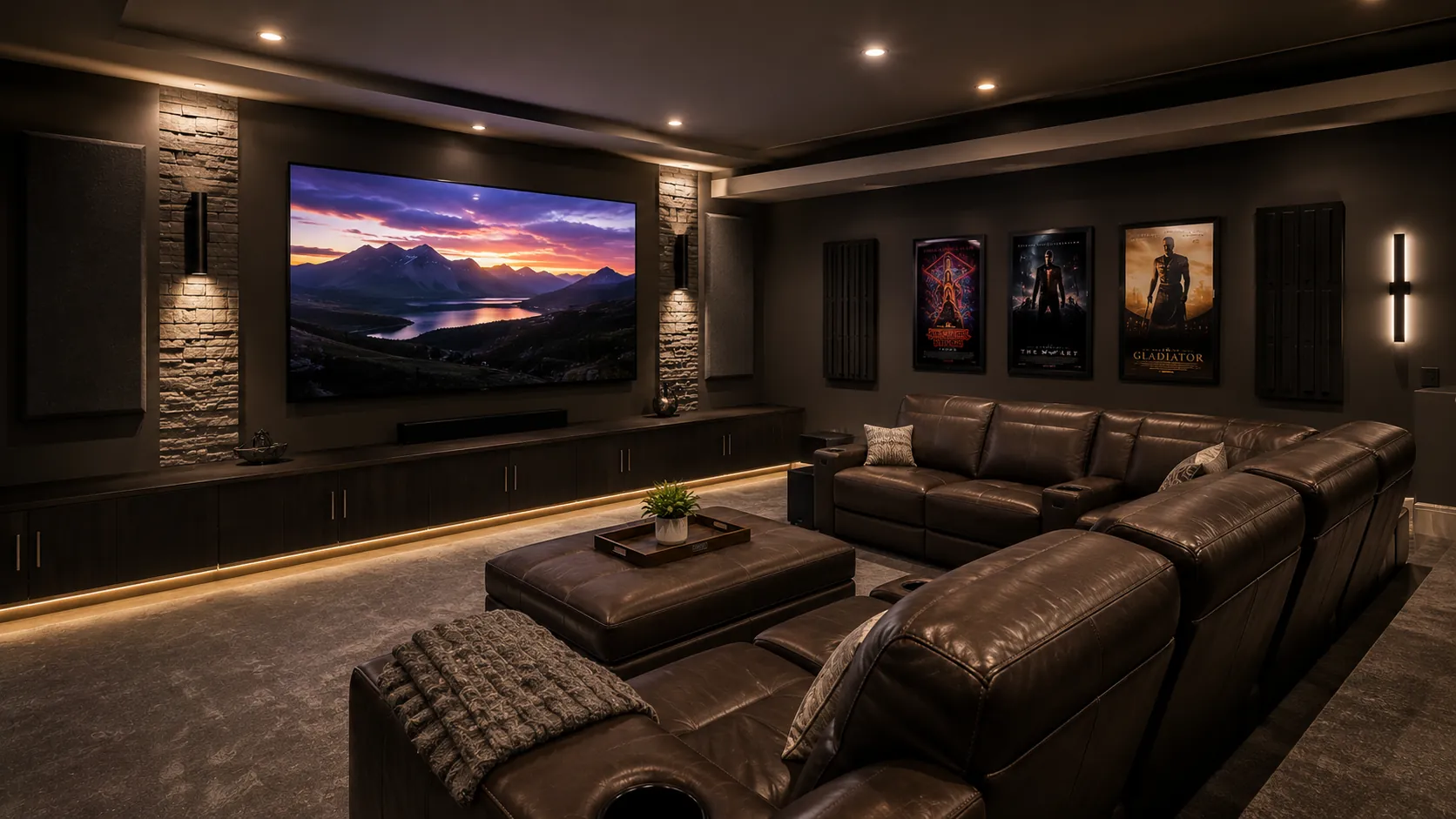 Contemporary media room basement featuring large flat-screen TV, stone accent wall, leather recessed seating, movie posters, underlit cabinetry, and elegant entertainment space with coffee table.