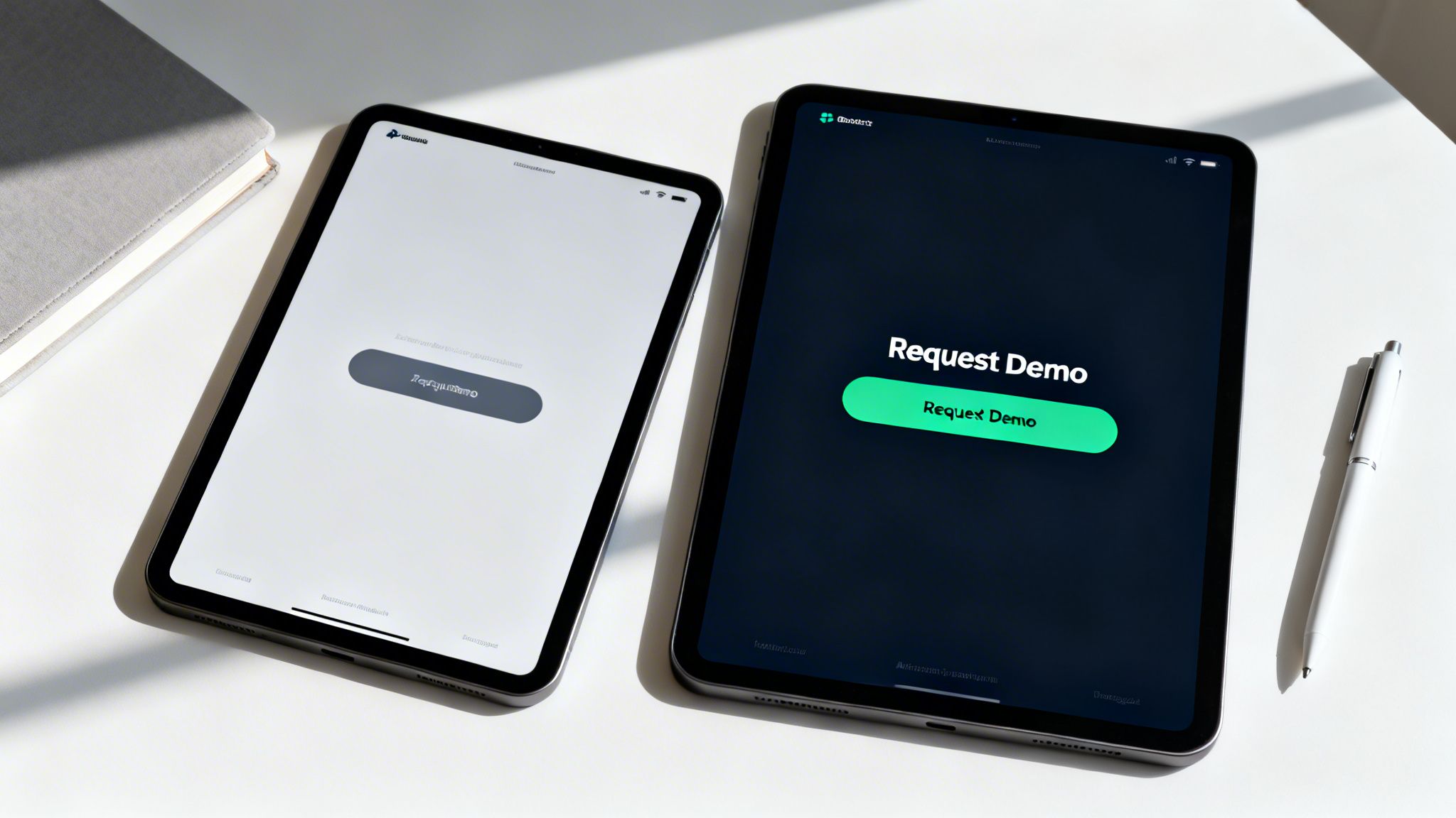 Two tablets displaying a 'Request Demo' page in light and dark modes, next to a notebook and pen.