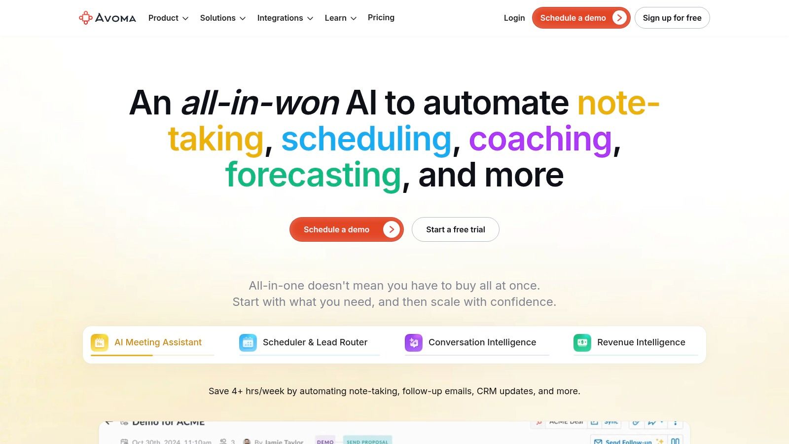Avoma user interface showing a conversation intelligence dashboard with meeting analytics.