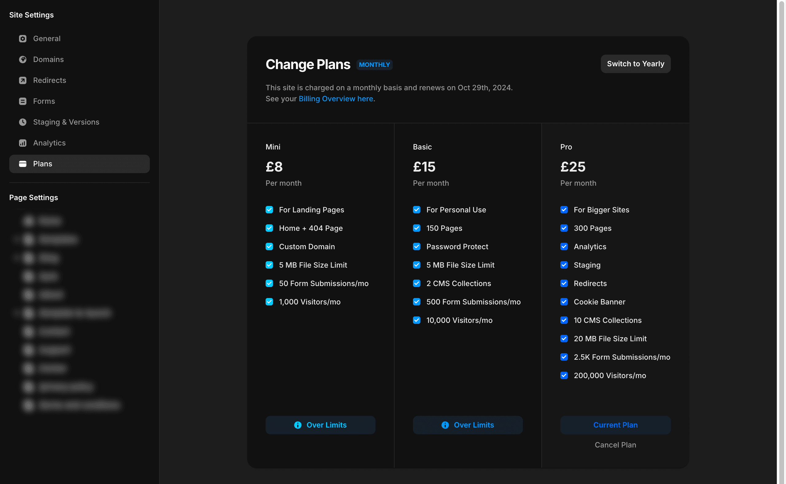 Screenshot of change plan page