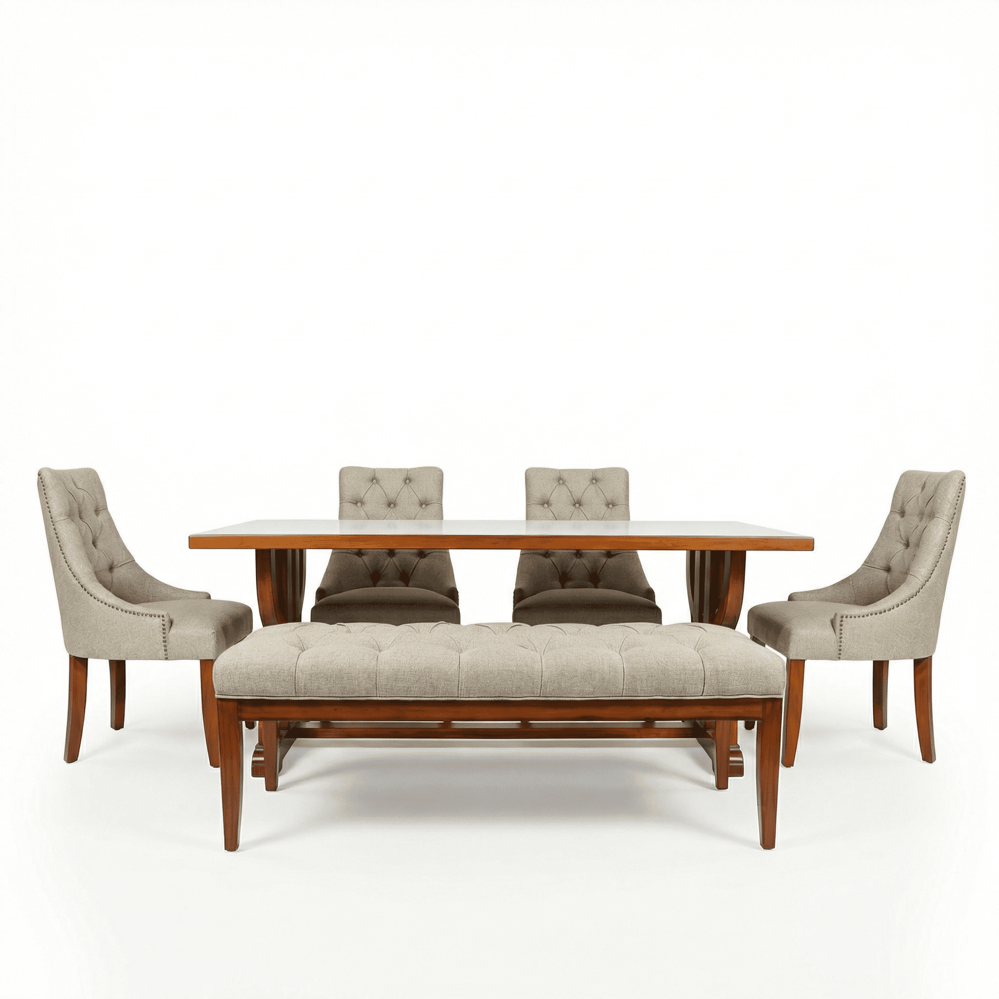 Wooden dining table set with tufted cushioned bench seating and tufted upholstered chairs