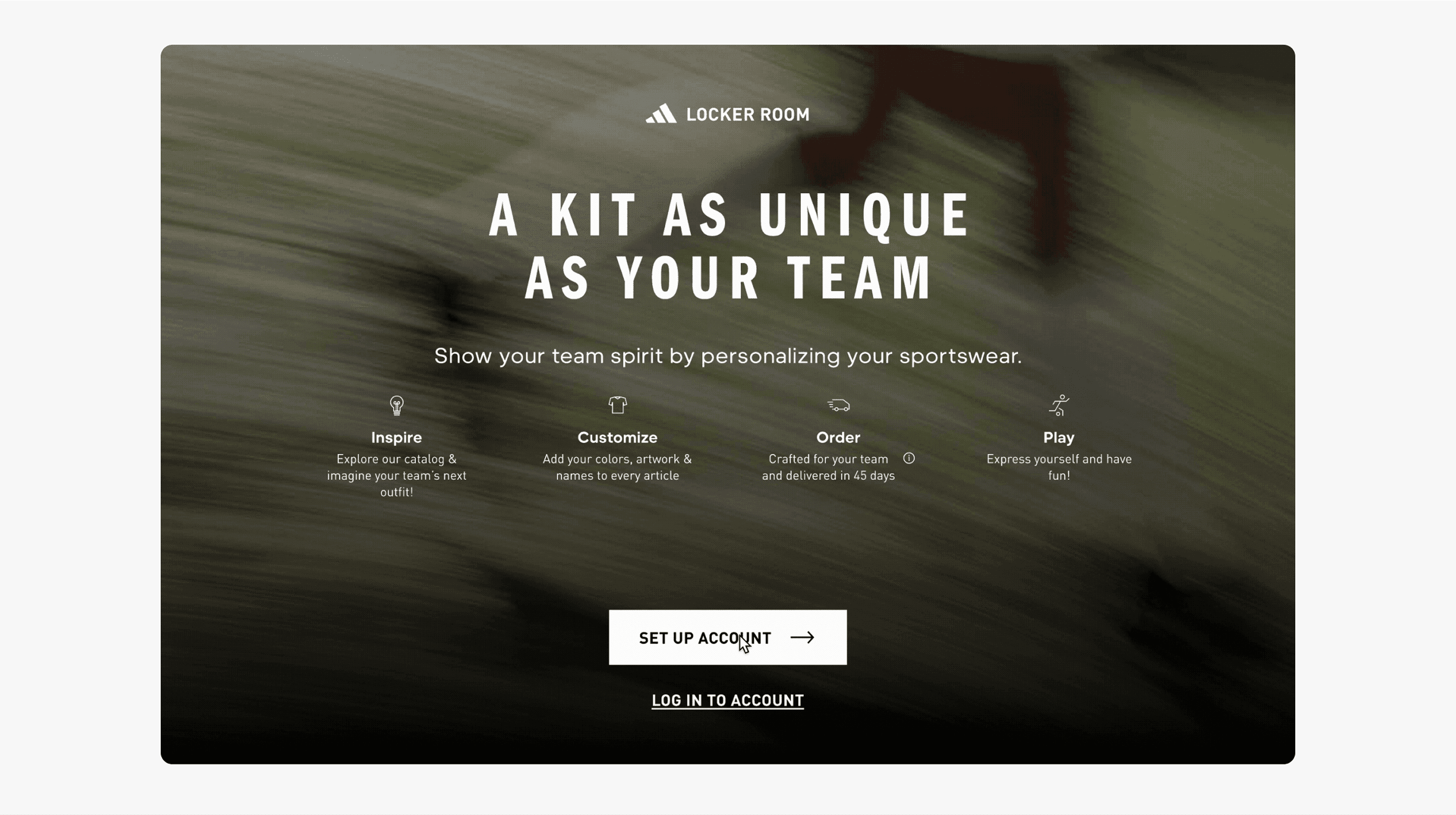 An example design of Locker Room platform login page with the headline ‘A kit as unique as your team’ and call-to-action buttons.