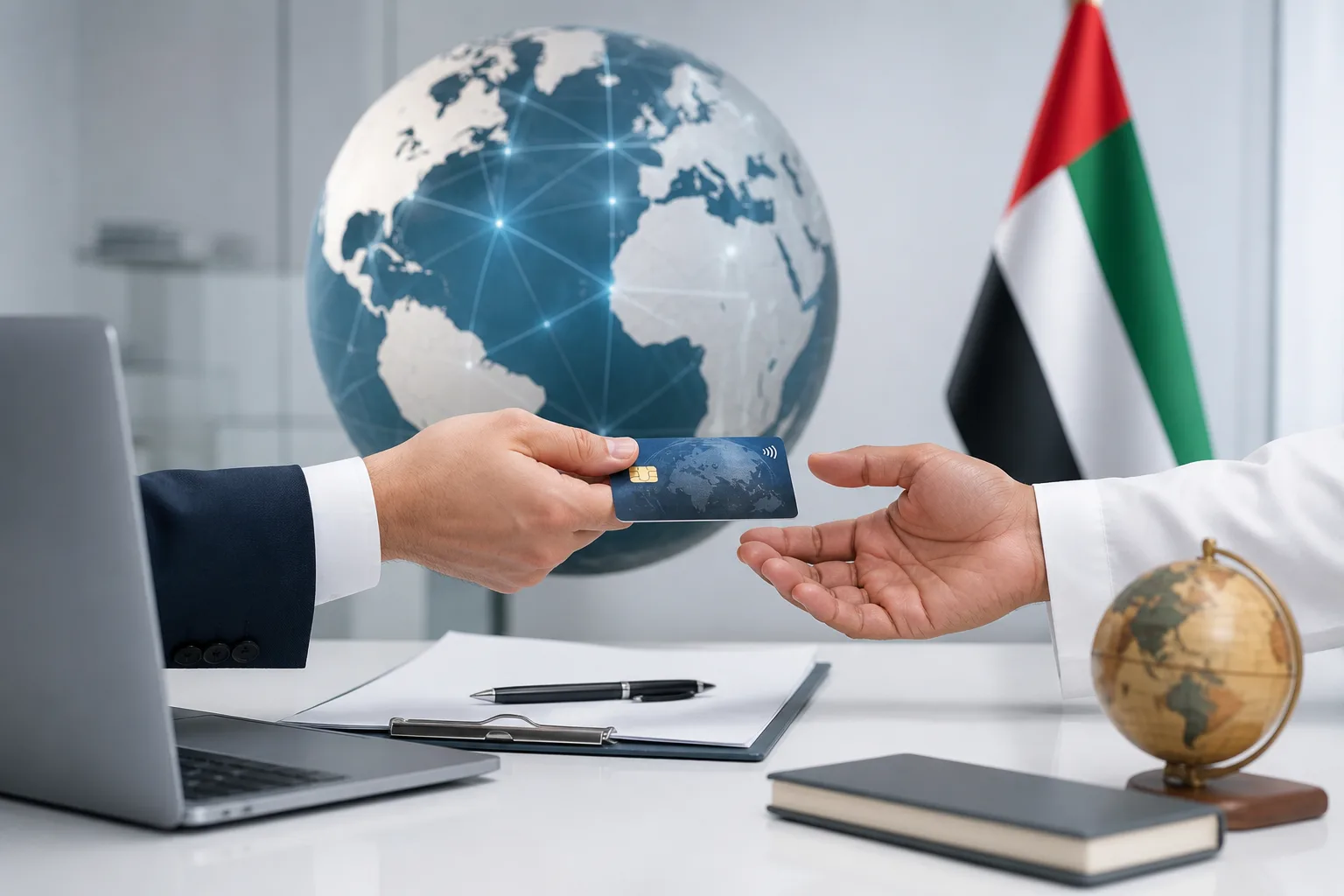 Getting Paid by International Clients in the UAE beside a financial dashboard with coins and