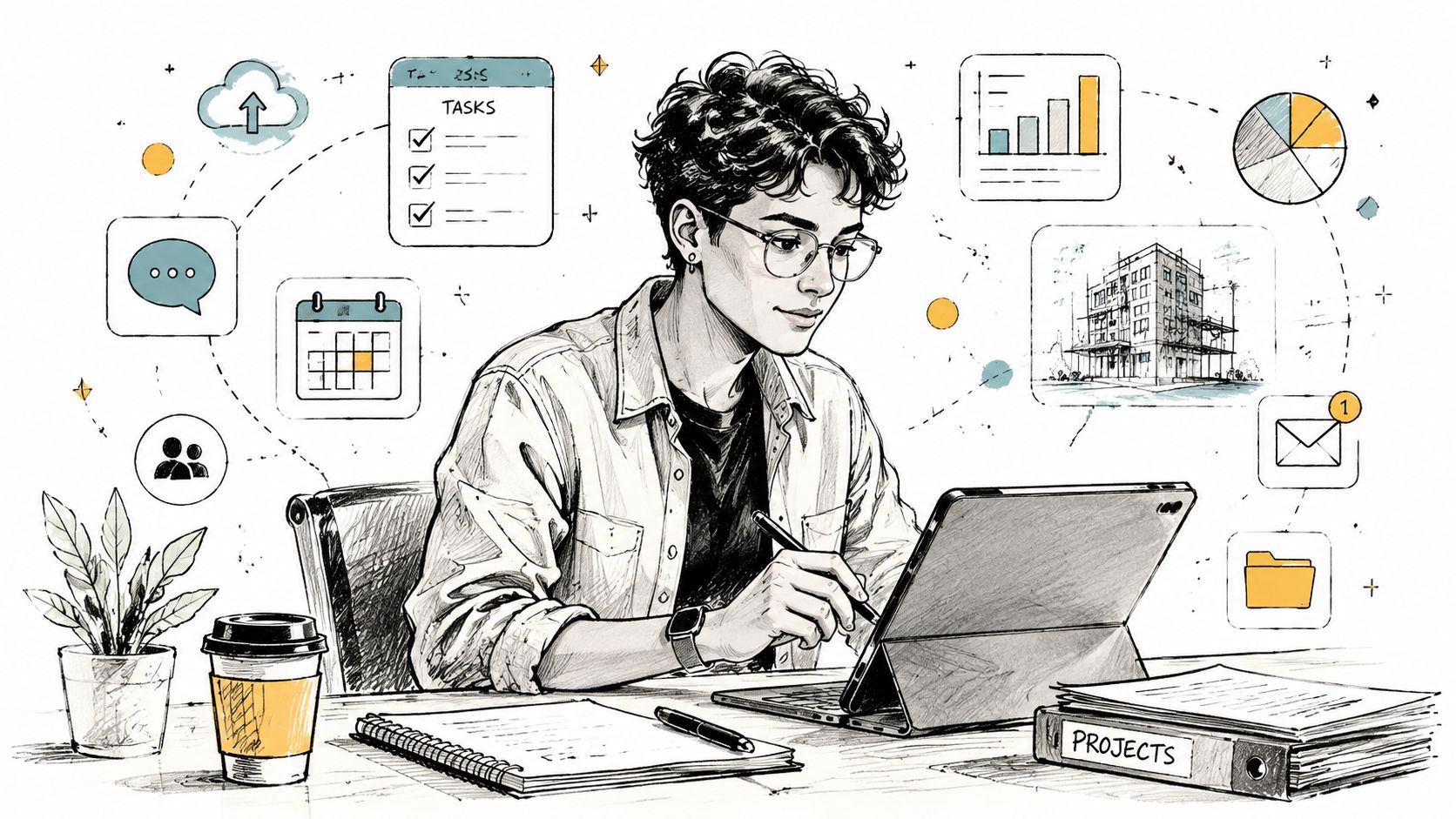An administrative assistant working on a tablet surrounded by digital icons related to construction project management tasks.