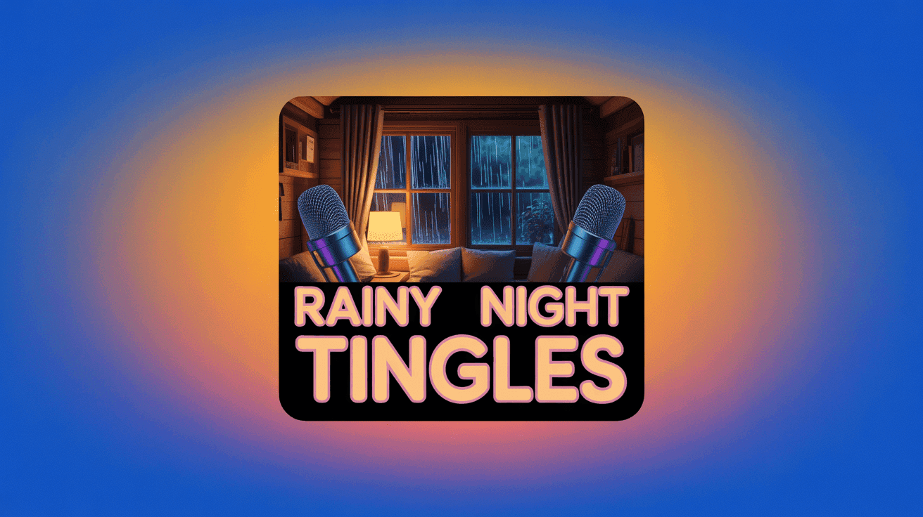Rainy Night Cabin ASMR Thumbnail Template featuring cozy cabin interior with rain on window, glowing lamp, and dual binaural microphones