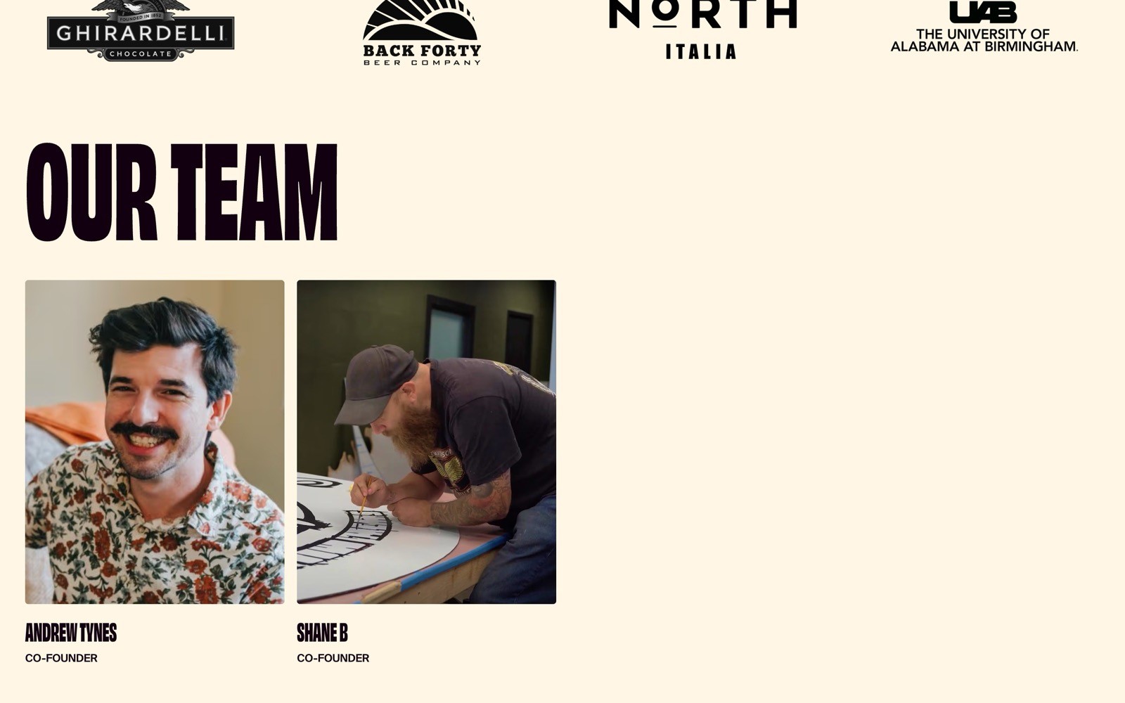Our Team section featuring two photos: Andrew Tynes smiling, Shane B focused on artwork. Logos above: Ghirardelli, Back Forty Beer, North Italia, UAB.