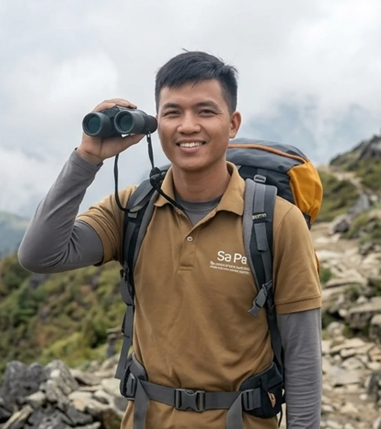 Smiling man with a backpack holding binoculars beside a rocky trail