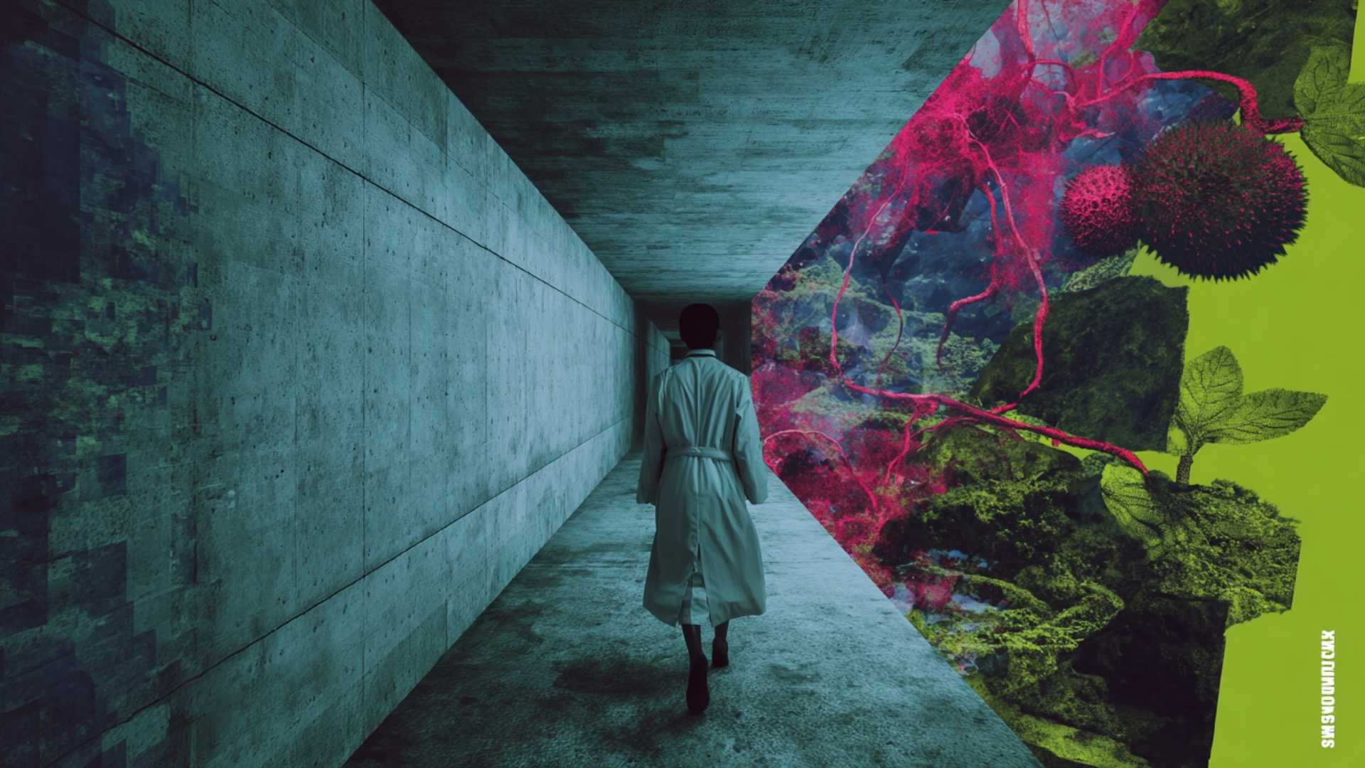 Low-angle perspective shot of a concrete hallway morphing into a digital jungle, illustrating ambient storytelling.