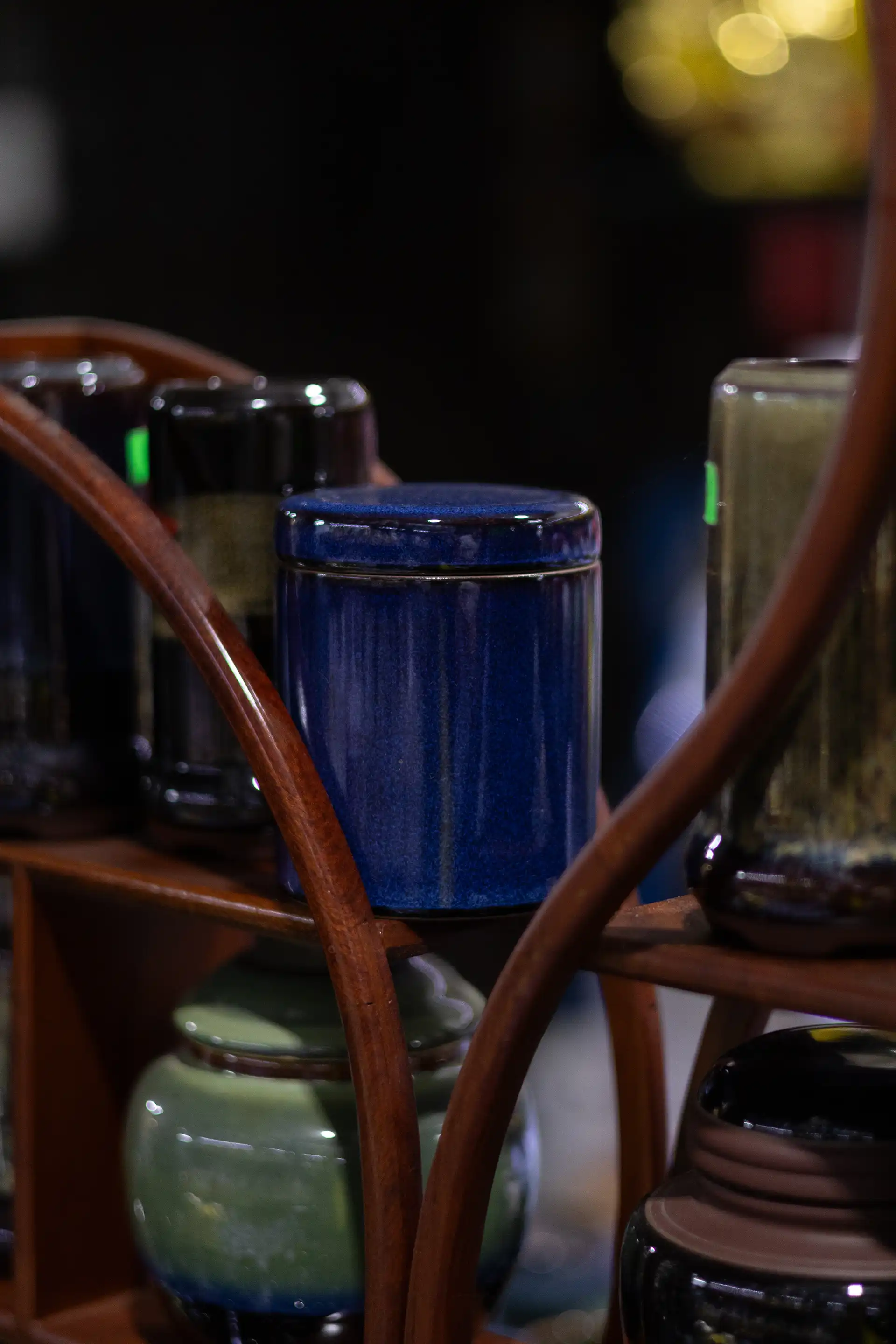 Close up of a blue ceramics box surrounded by more ceramics