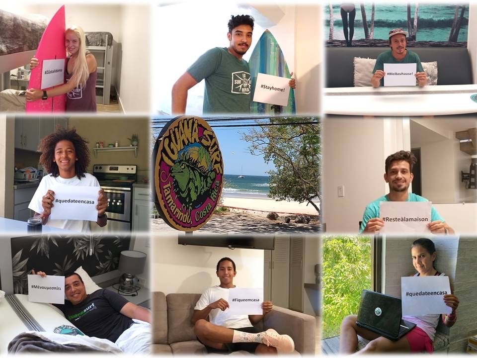 A collage of eight people in different indoor settings holding signs with stay-at-home hashtags in various languages.