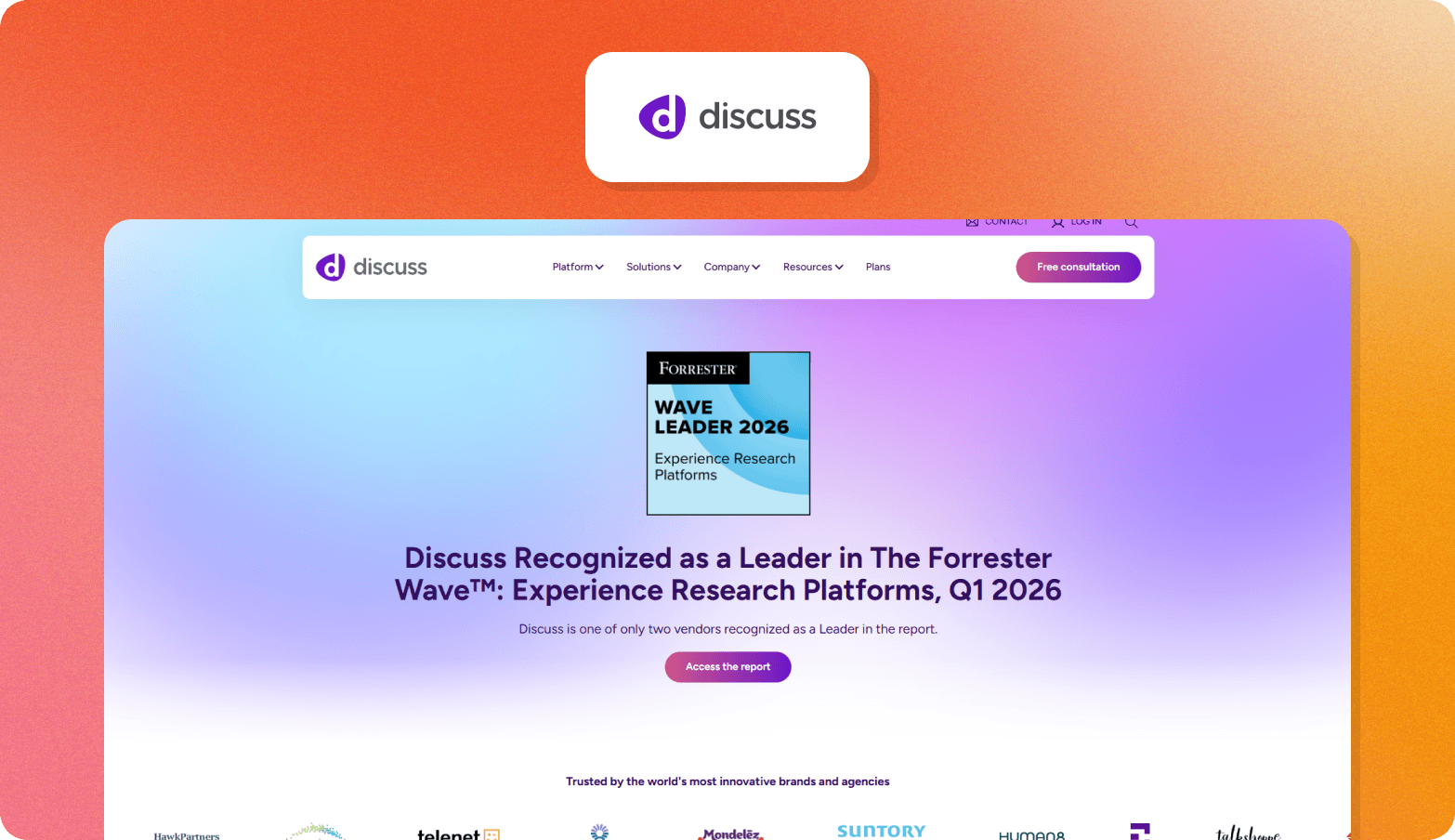 Screenshot of the Discuss homepage featuring a Forrester Wave Leader 2026 badge and the headline "Discuss Recognized as a Leader in The Forrester Wave: Experience Research Platforms, Q1 2026"