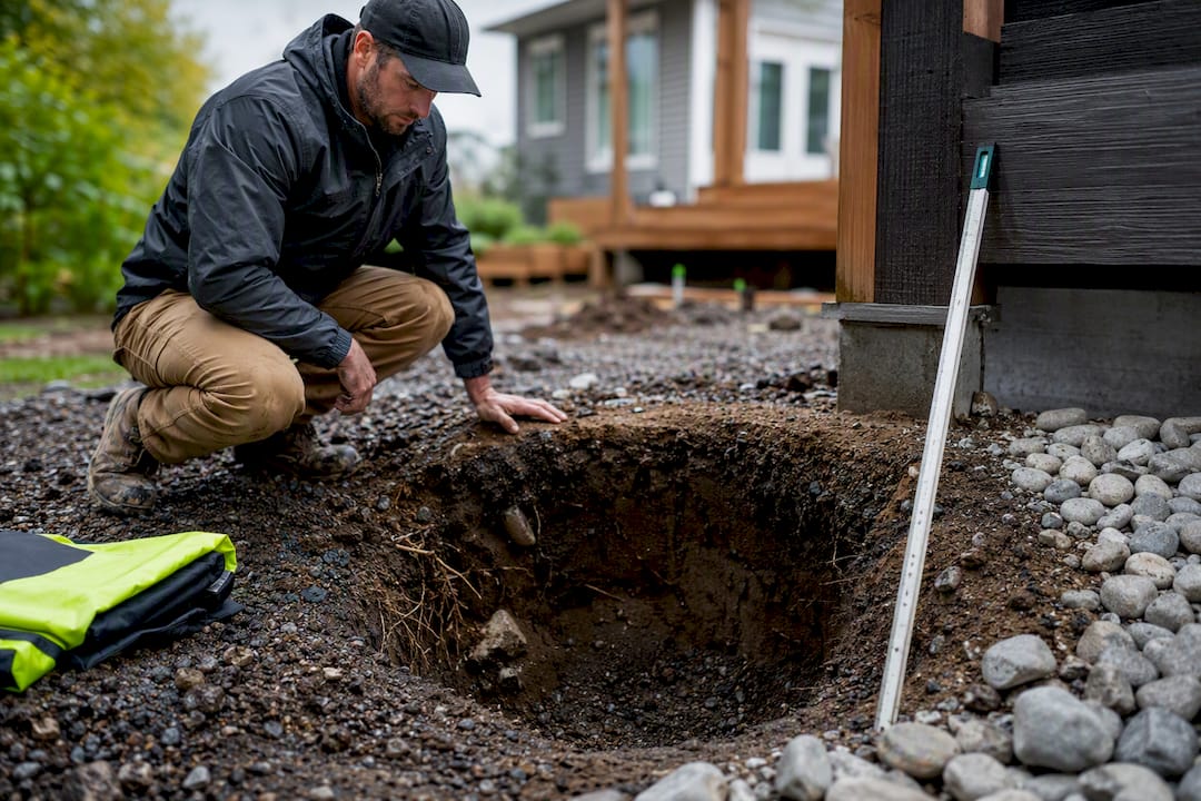 Excavation showing roots and rocky deck footing soil