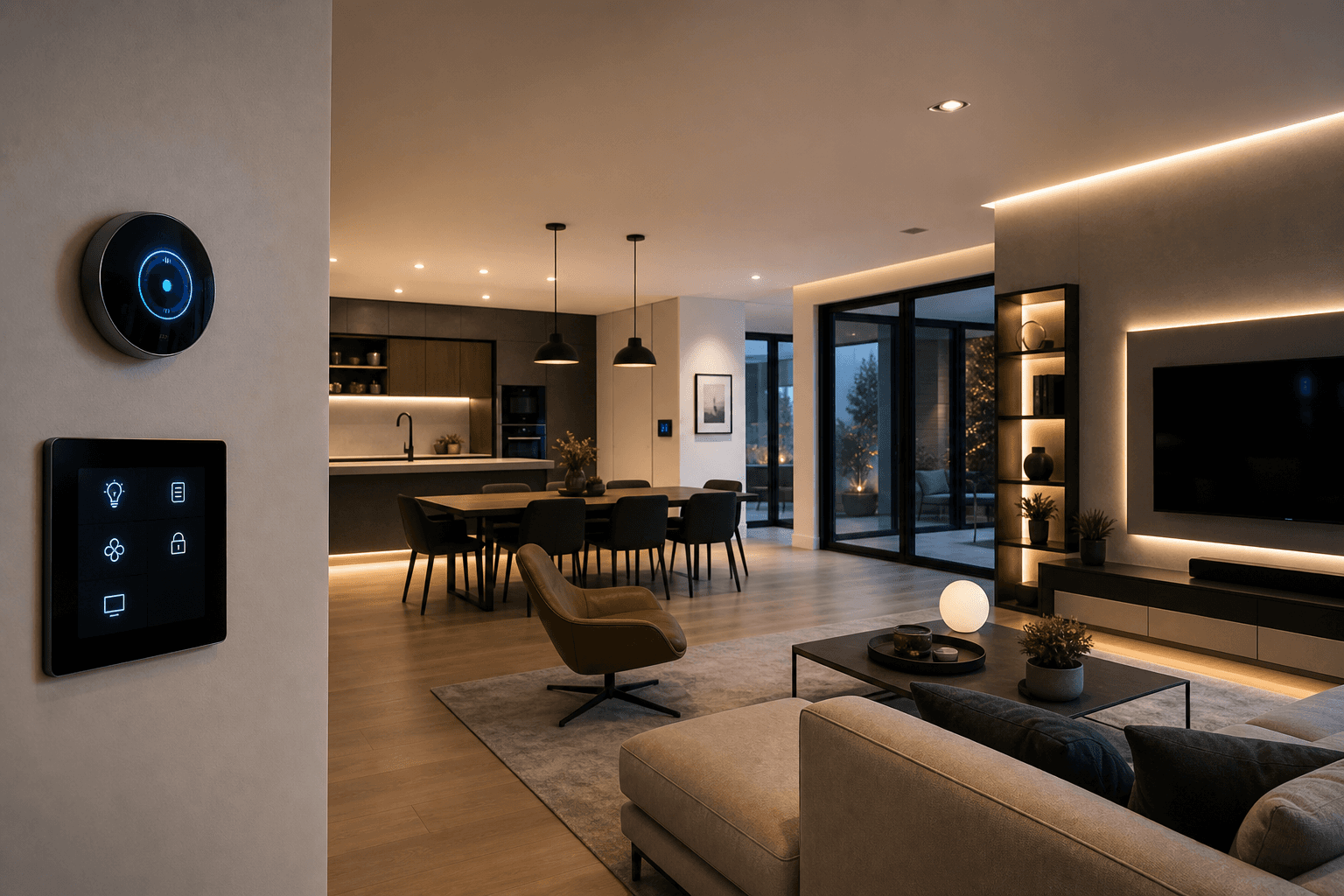 Modern smart home interior with automated lighting and technology integration