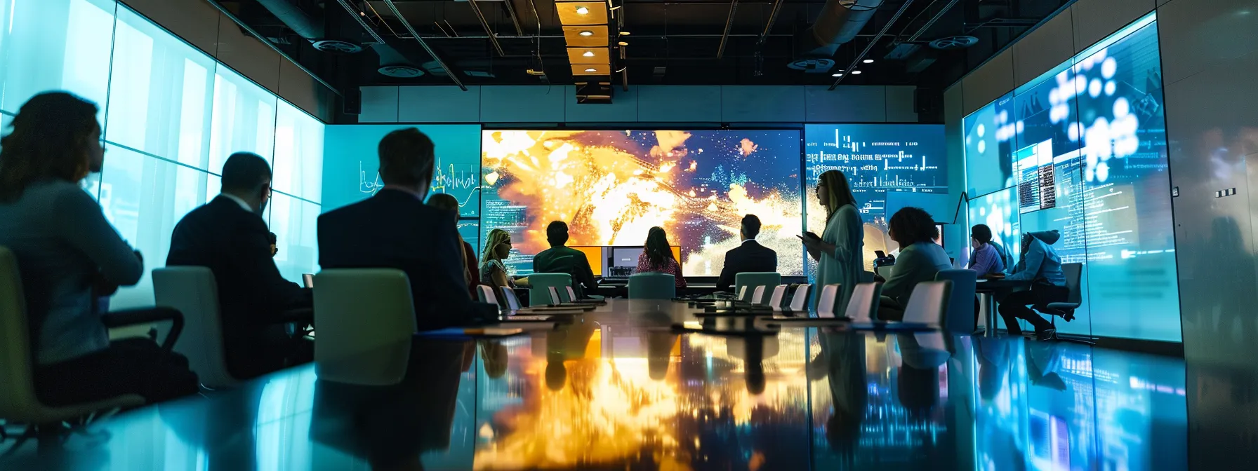 a sleek, modern conference room filled with engaged professionals around a polished table, illuminated by sharp overhead lighting, emphasizing a digital presentation projected onto a large screen that showcases bold graphics and insightful data.