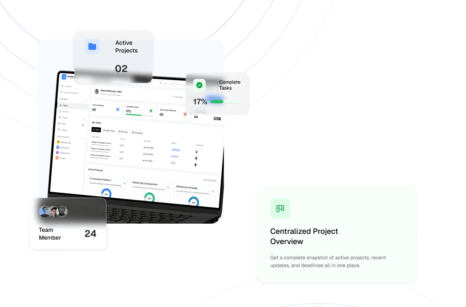 Project dashboard showing active projects, completed tasks, and team members overview.