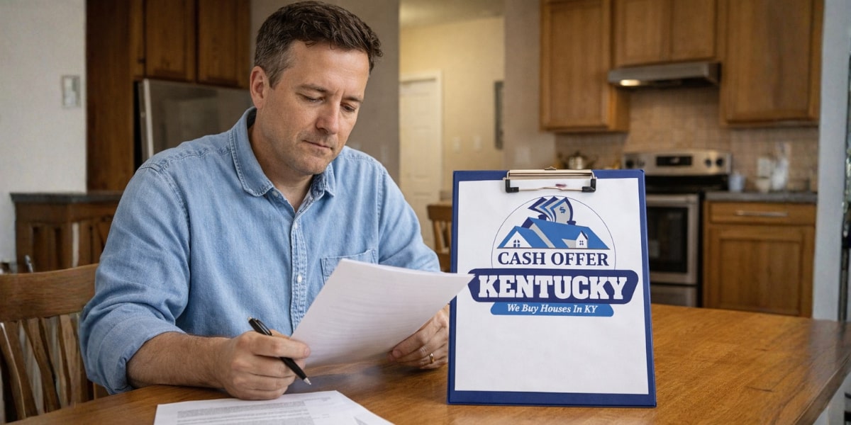 A man reviewing documents with a Cash Offer KY clipboard, symbolizing the fast, hassle-free home-selling process in St. Matthews.