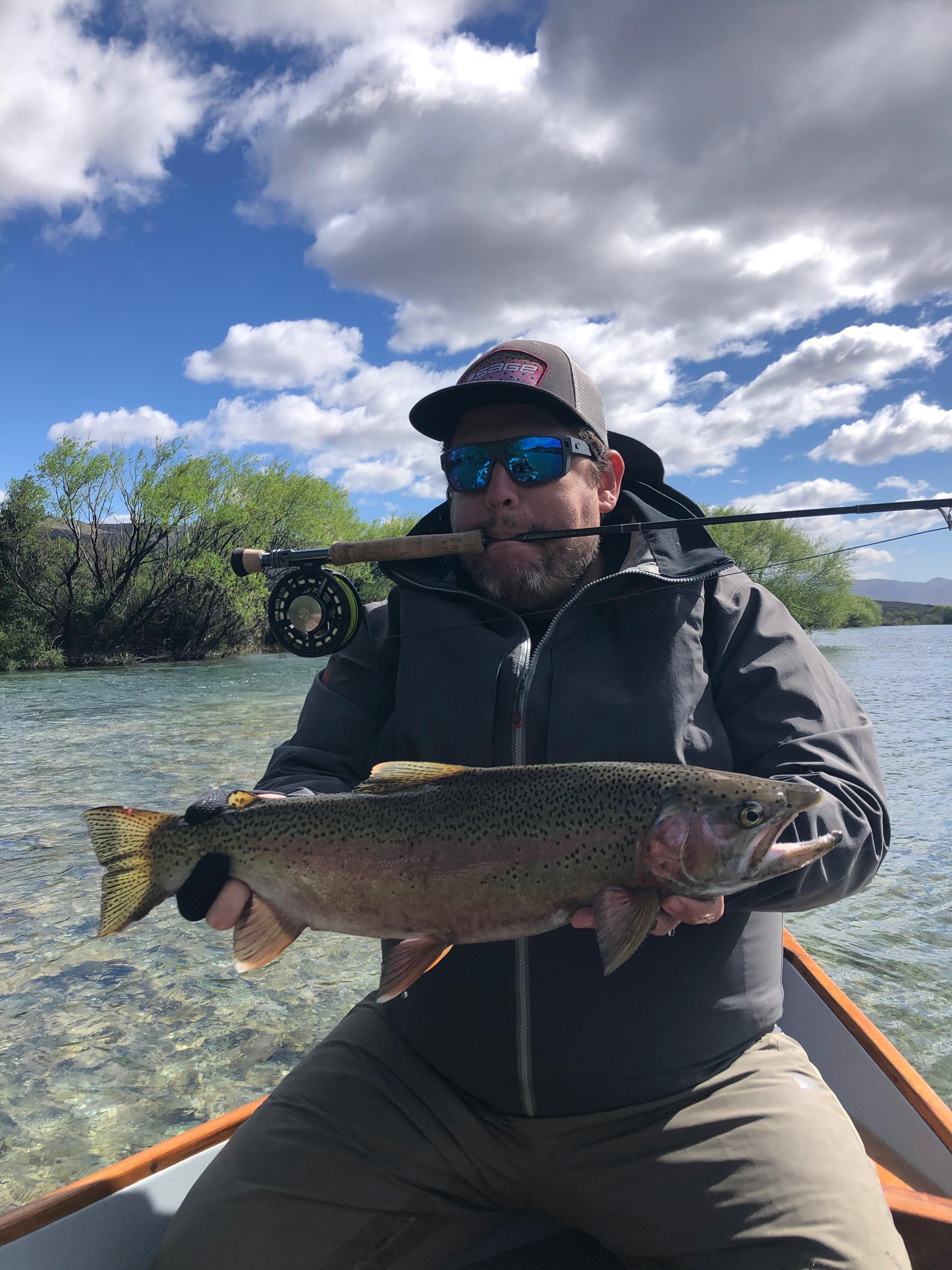 Guided fly fishing expedition on the Limay River, targeting giant trout in Patagonia.