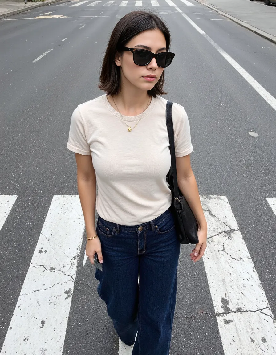Person crossing urban street wearing minimalist outfit with white t-shirt, wide-leg jeans, black sunglasses and shoulder bag