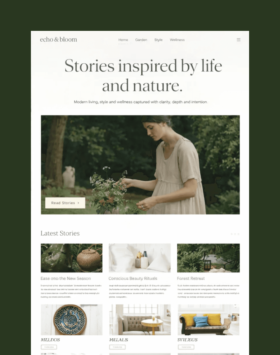 An elegantly designed website homepage features a serene image of a person arranging flowers, embodying themes of modern living, style, and wellness, set against a peaceful nature backdrop.