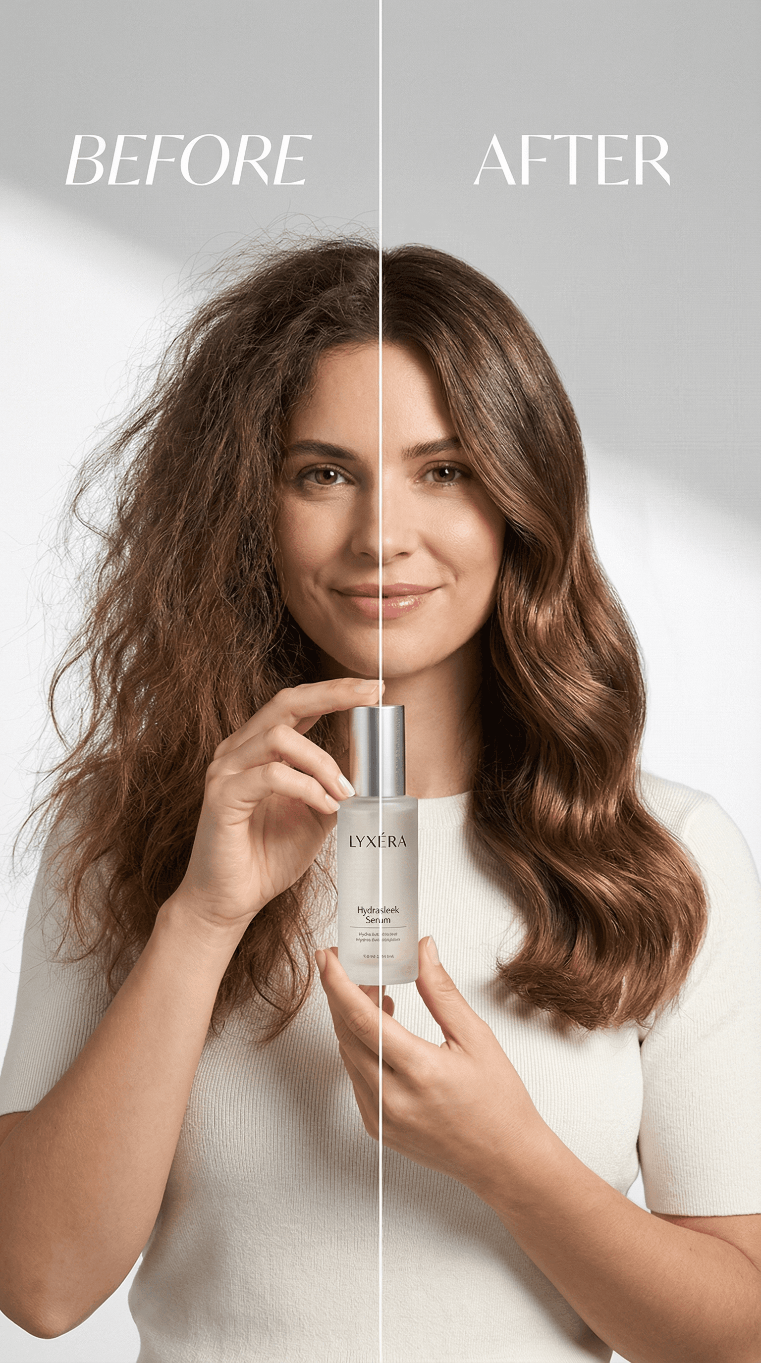 Before and after hair smoothing results with model holding Lyxéra Hydrasleek serum bottle