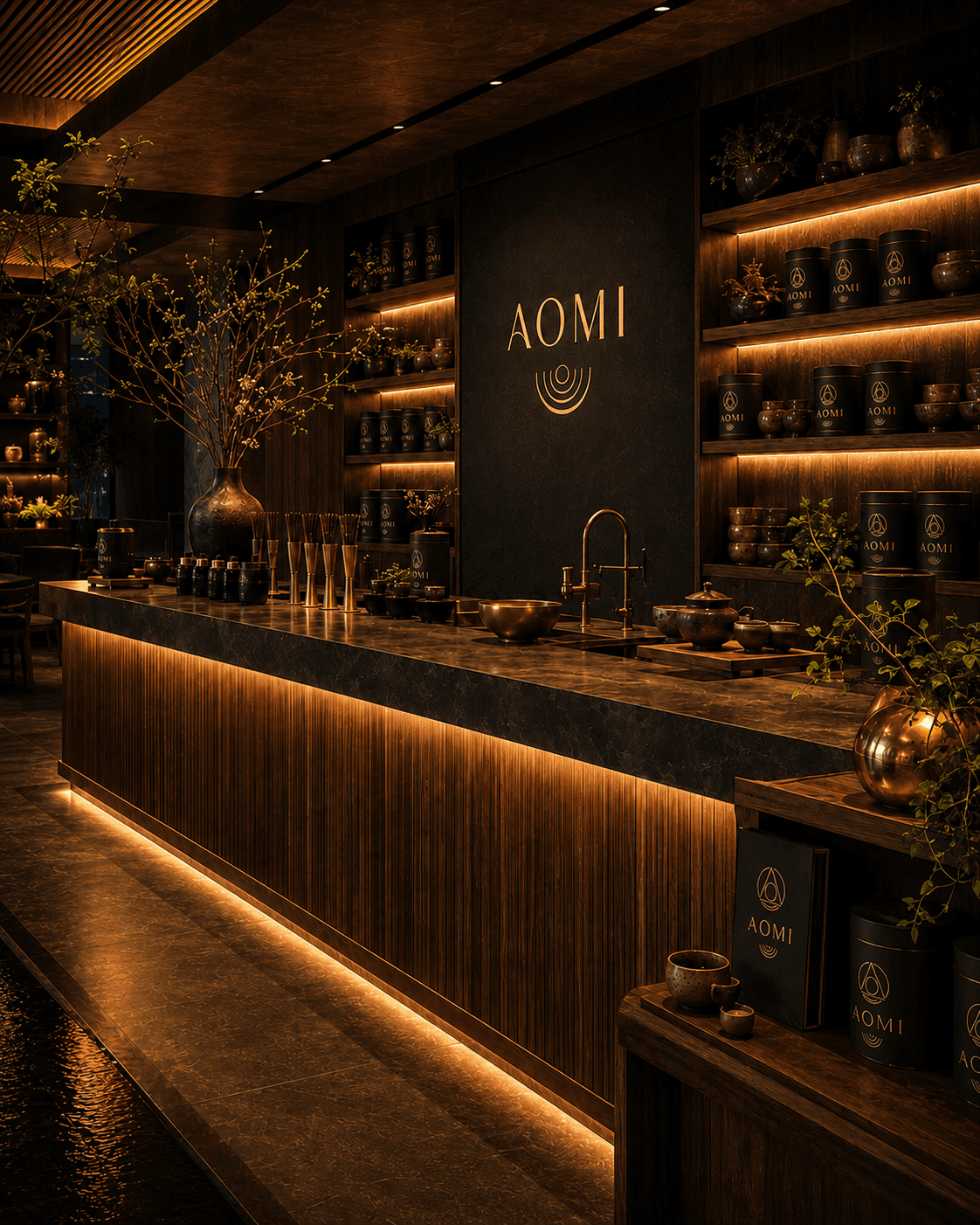 AOMI after dark — candlelit botanical bar
