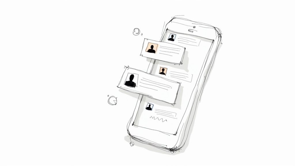 Hand-drawn smartphone displaying multiple chat messages or social media profiles, illustrating mobile communication.