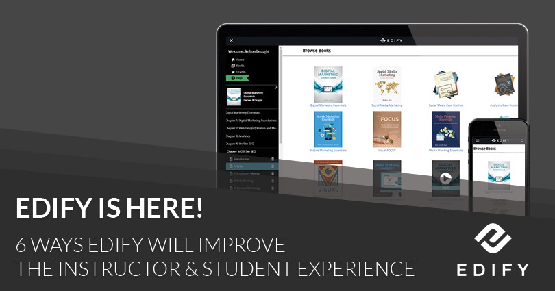 Computer screen with text showing: EDIFY IS HERE!: 6 WAYS EDIFY WILL IMPORVE THE INSTRUCTOR & STUDENT EXPERIENCE