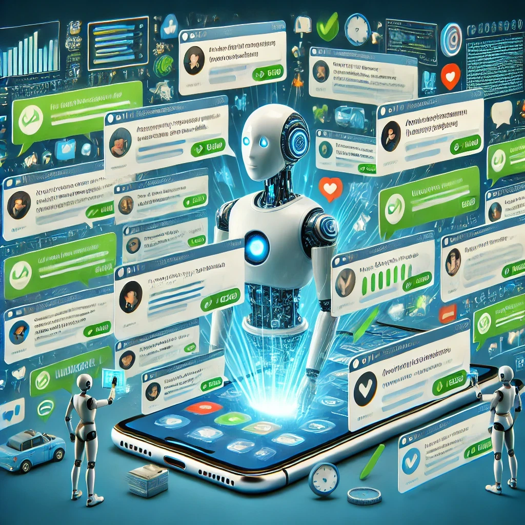 Asistente virtual de inteligencia artificial gestionando múltiples interacciones en redes sociales y mensajes. Automatización de respuestas y gestión de redes sociales con IA para empresas