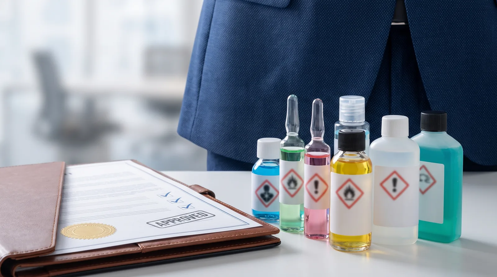 Cleaning Chemicals Trading License in Dubai beside product packaging and an approval stamp