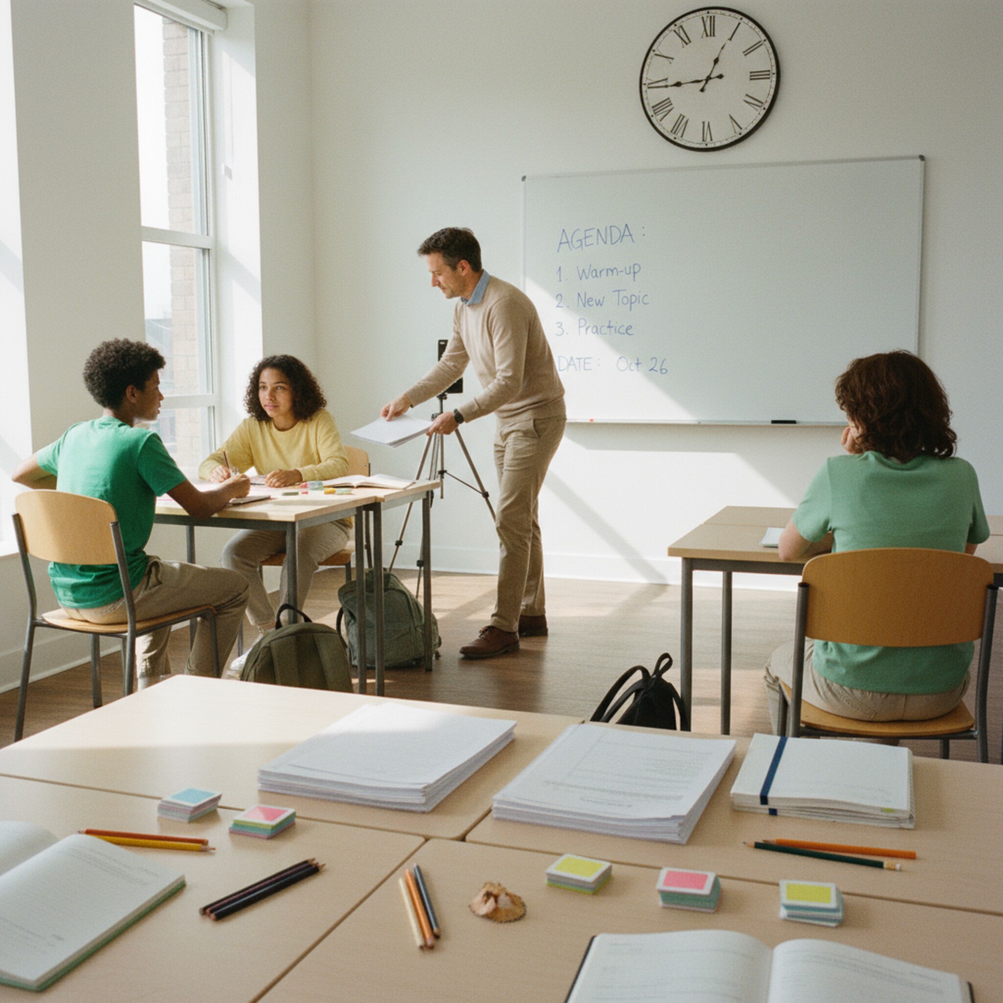 Ein Unterrichtsraum kurz vor Beginn, drei Schüler setzen sich, während die Lehrkraft Material verteilt. Ein Blick auf die Uhr zeigt, dass der Slot pünktlich startet. Hefte, Übungskarten und ein sauberes Whiteboard liegen bereit. Alles wirkt vorbereitet, strukturiert und ohne unnötige Wartezeiten.