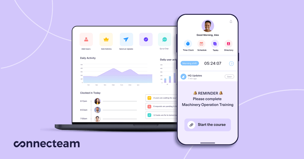 Connecteam's interface on desktop and mobile