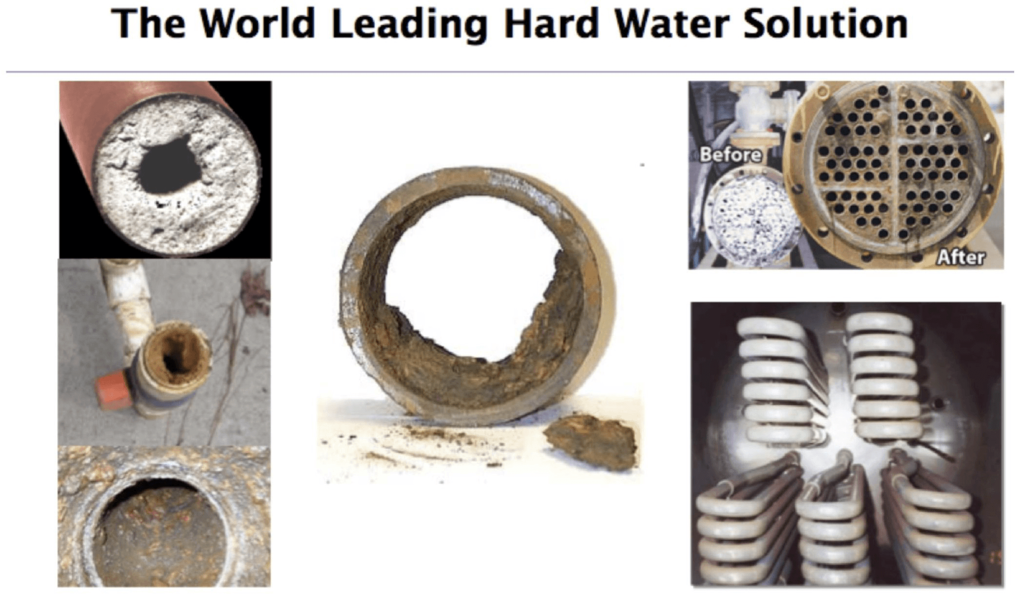 Industrial water system descaling showing removal of hard mineral deposits and corrosion from pipes and equipment.