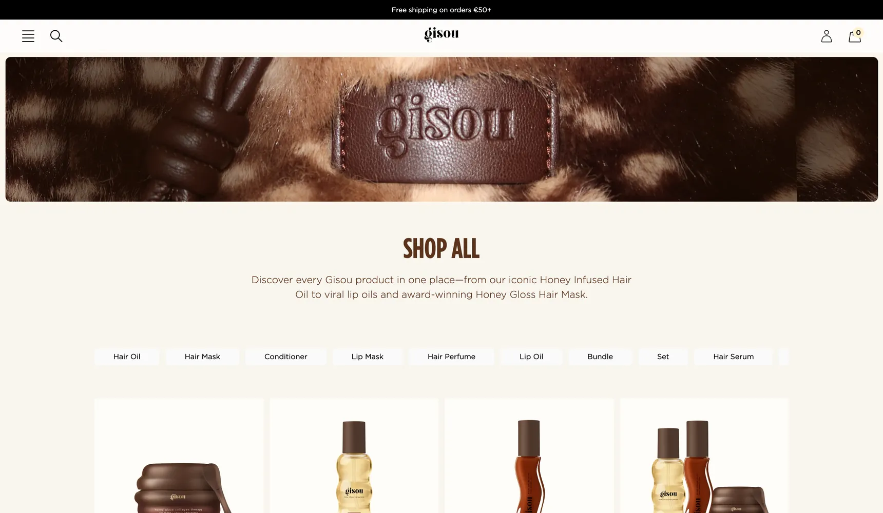 Collection page of the Gisou webshop