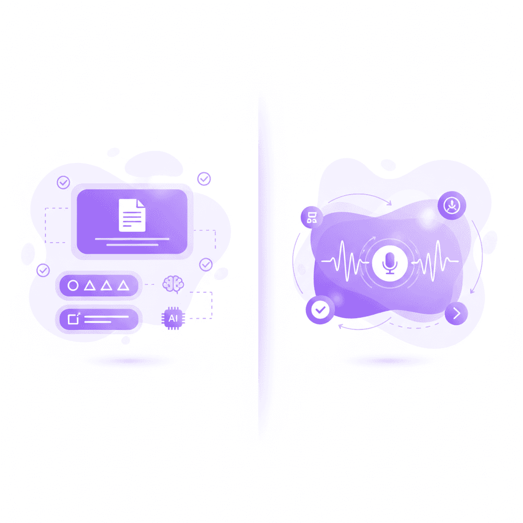 A side-by-side split screen showing a static flashcard app on the left and a dynamic interactive canvas with voice wave graphics on the right.