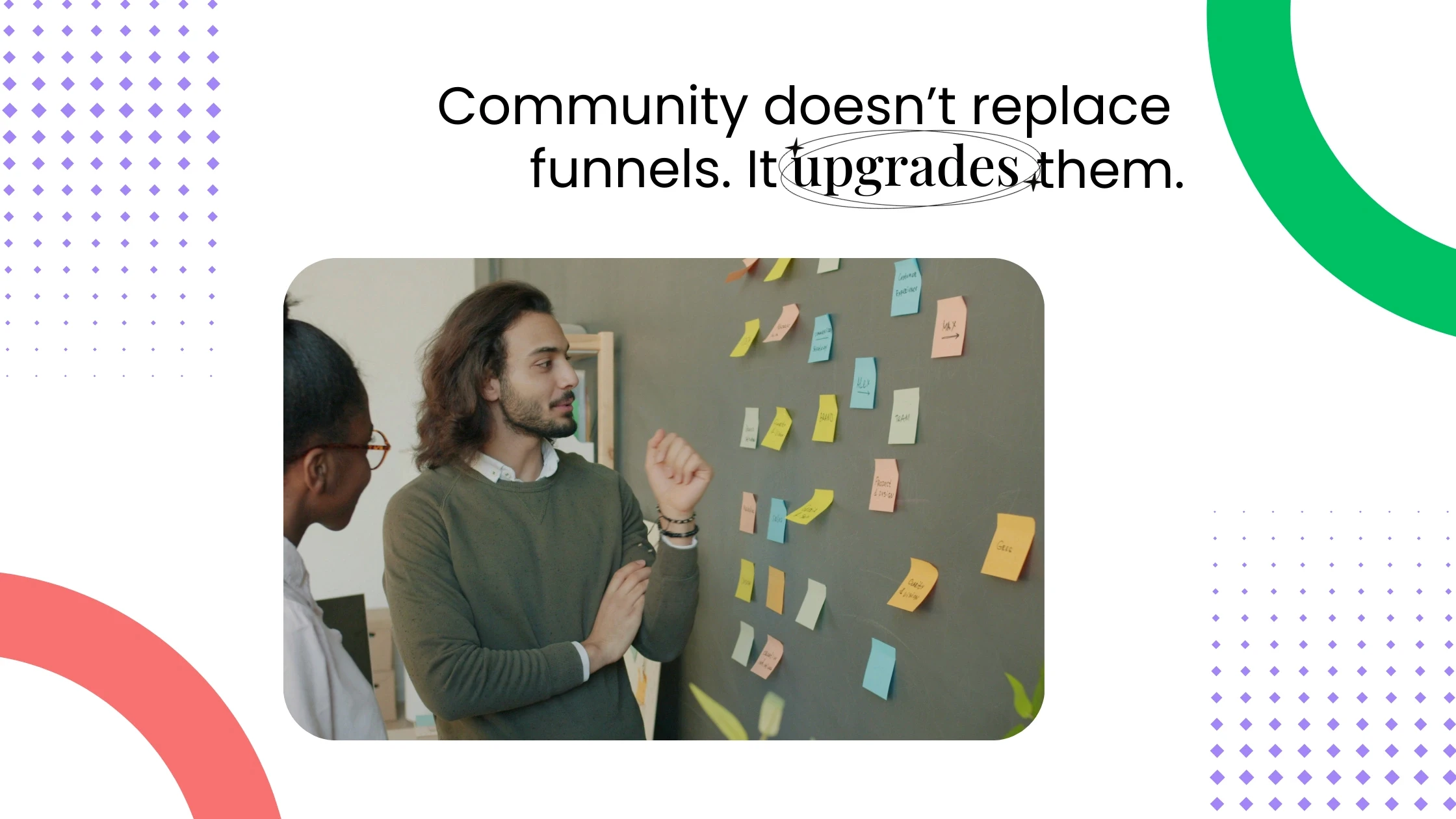 Coach explaining ideas on a board with sticky notes during a discussion, paired with text about communities upgrading funnels.