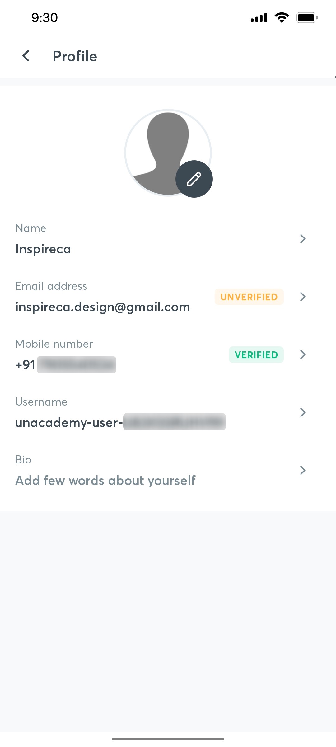 Unacademy Profile Screen