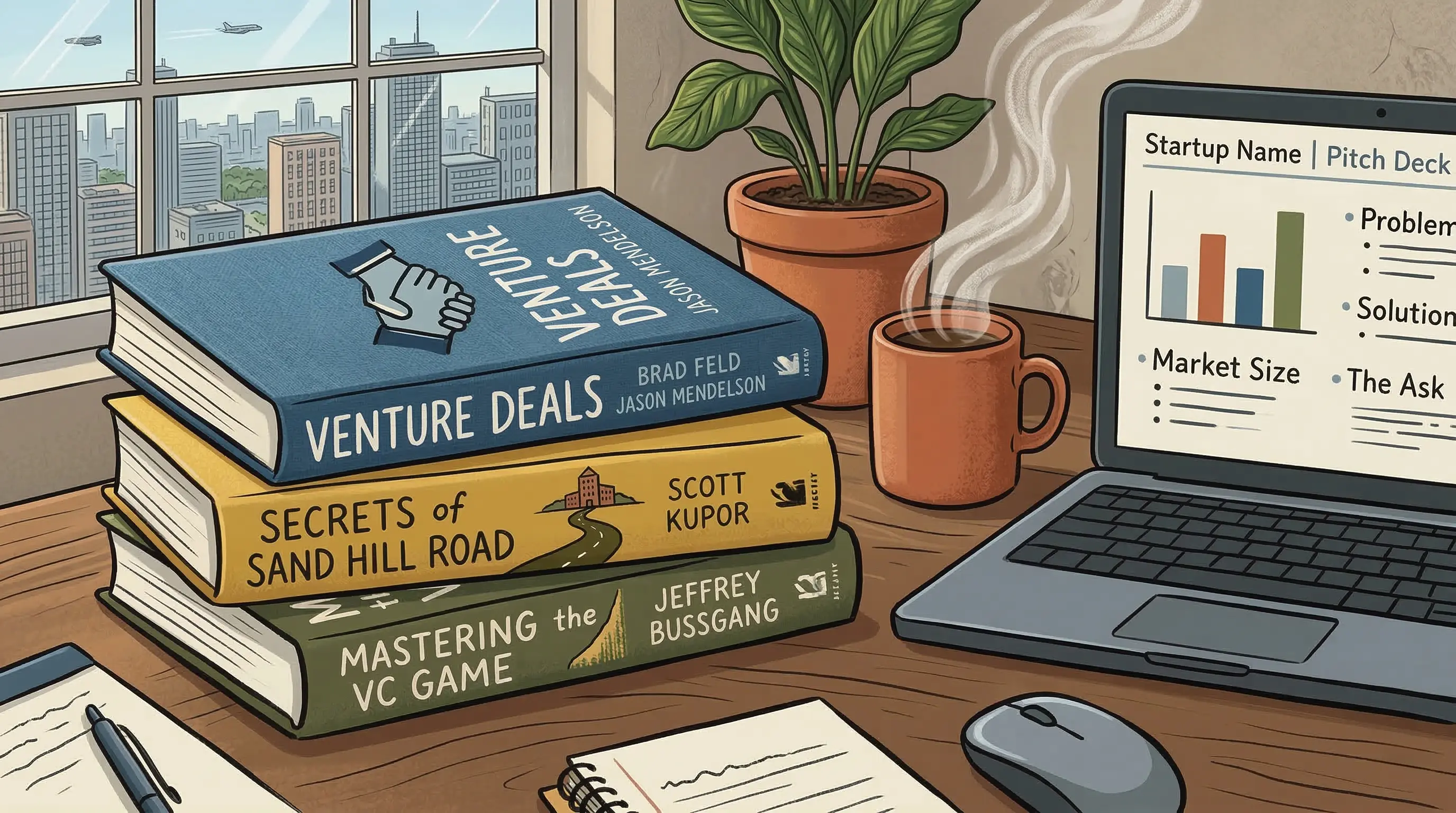 A stack of recommended books on startup fundraising (e.g., Venture Deals, Secrets of Sand Hill Road) sitting on a desk next to a coffee cup and a laptop showing a pitch deck.
