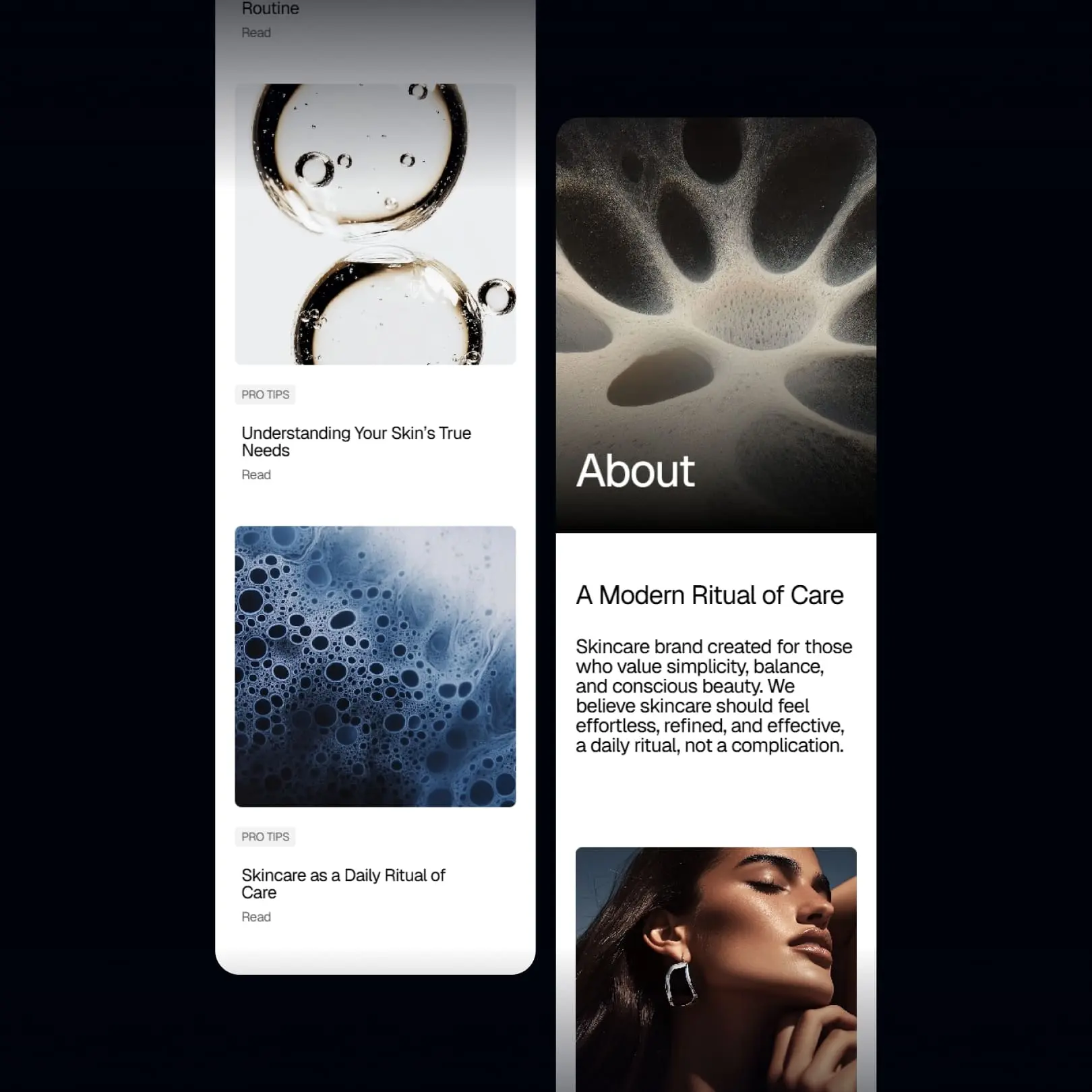 Mobile UI design for a skincare brand, featuring blog posts on skincare routines and an "About" section with macro photography.