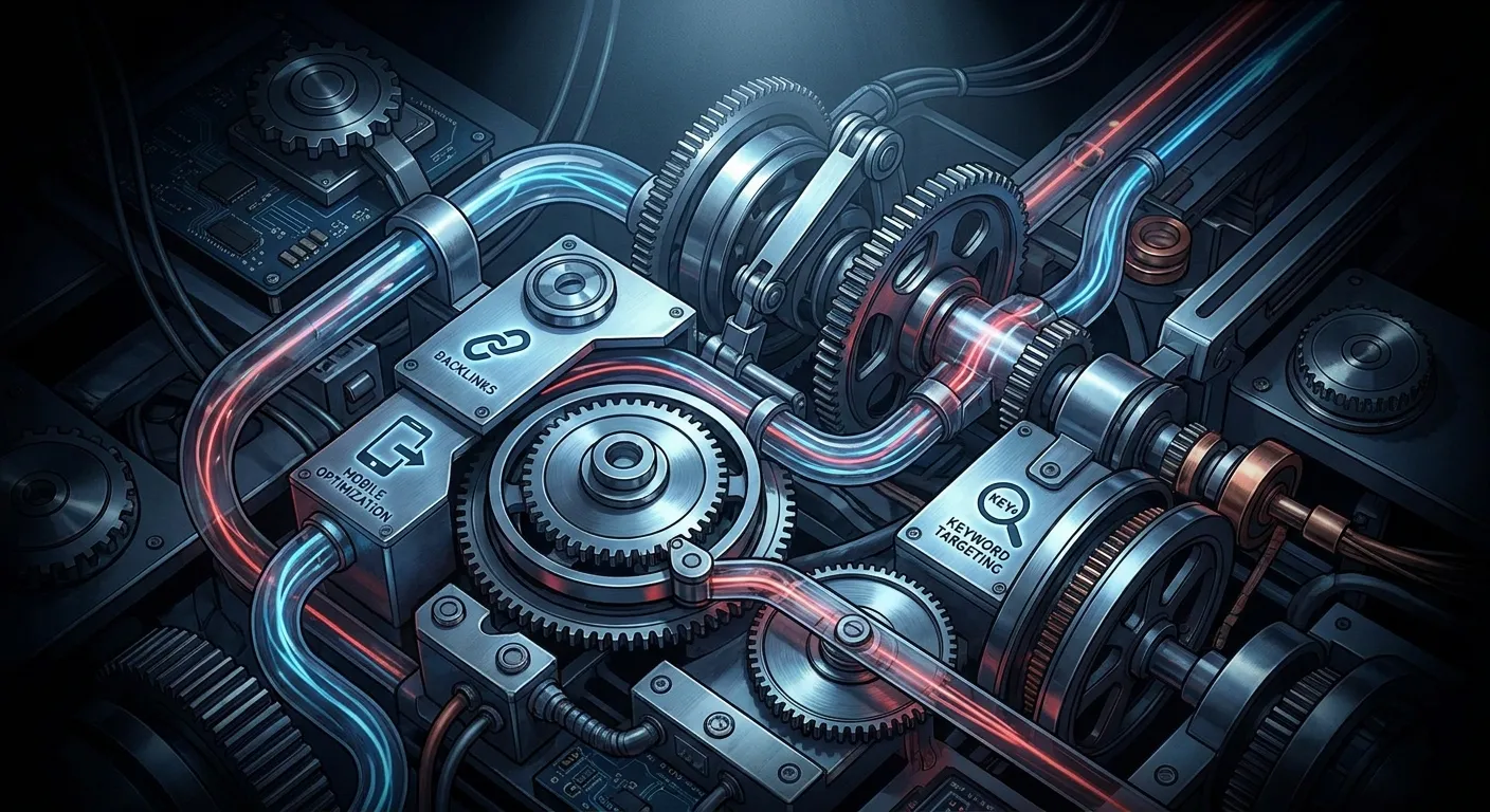 Intricate gears and circuits symbolize RockN' Socials Digital Marketing Agency.