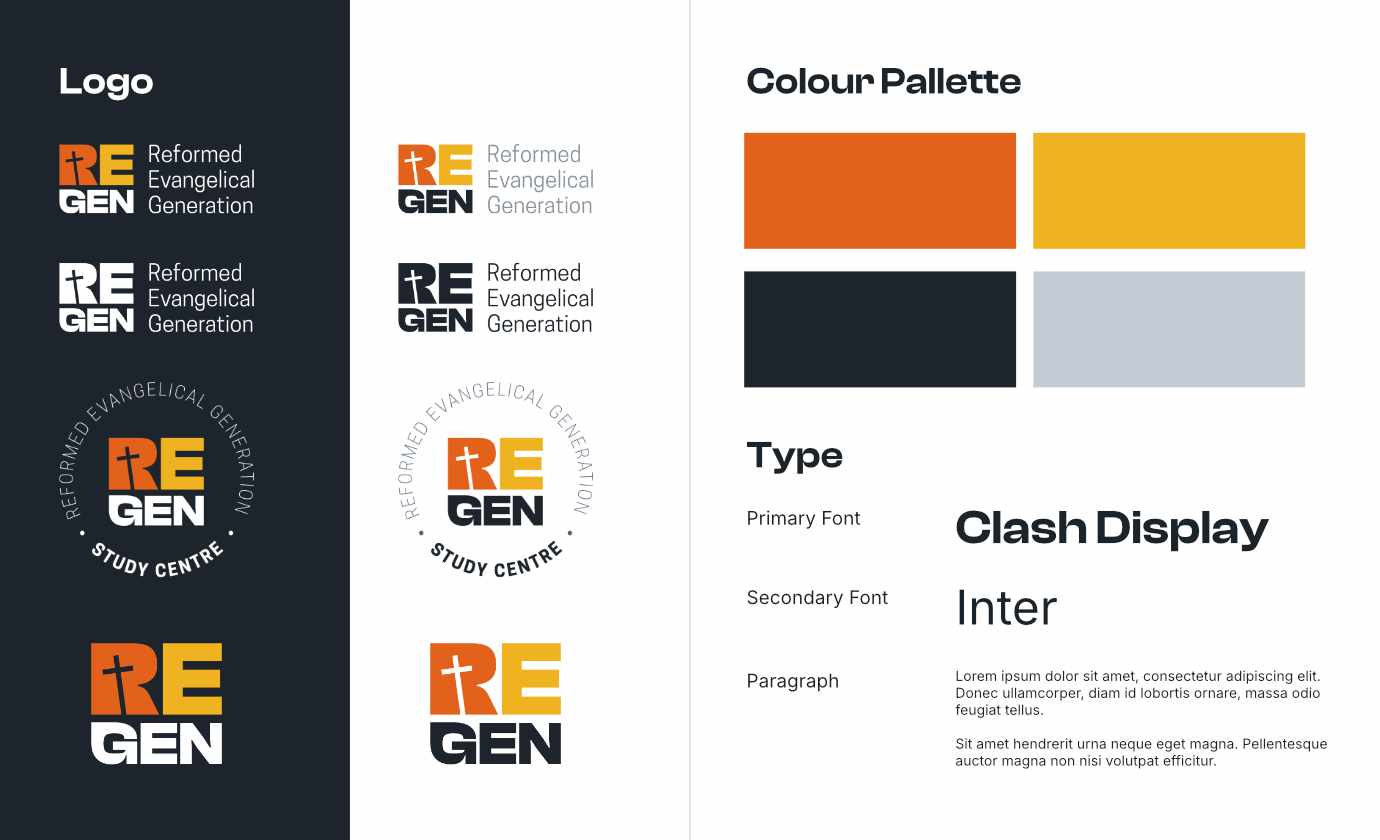 RE Gen brand kit: logo variations, colour palette and typefaces