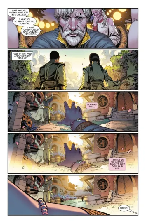 Preview page for Jedi Knights #8 featuring a first-person perspective of a young child leaving their parents to join the Jedi Order