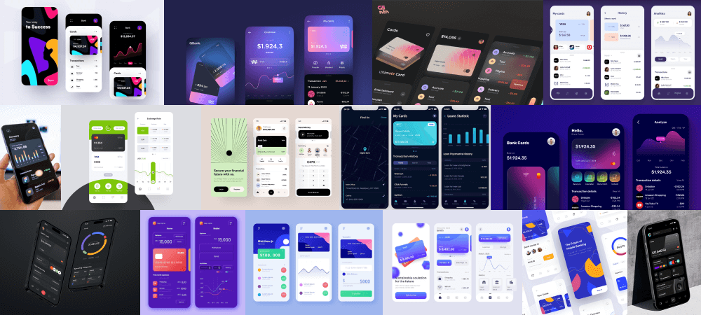 Moodboard of vibrant banking apps banking apps, mostly dark theme